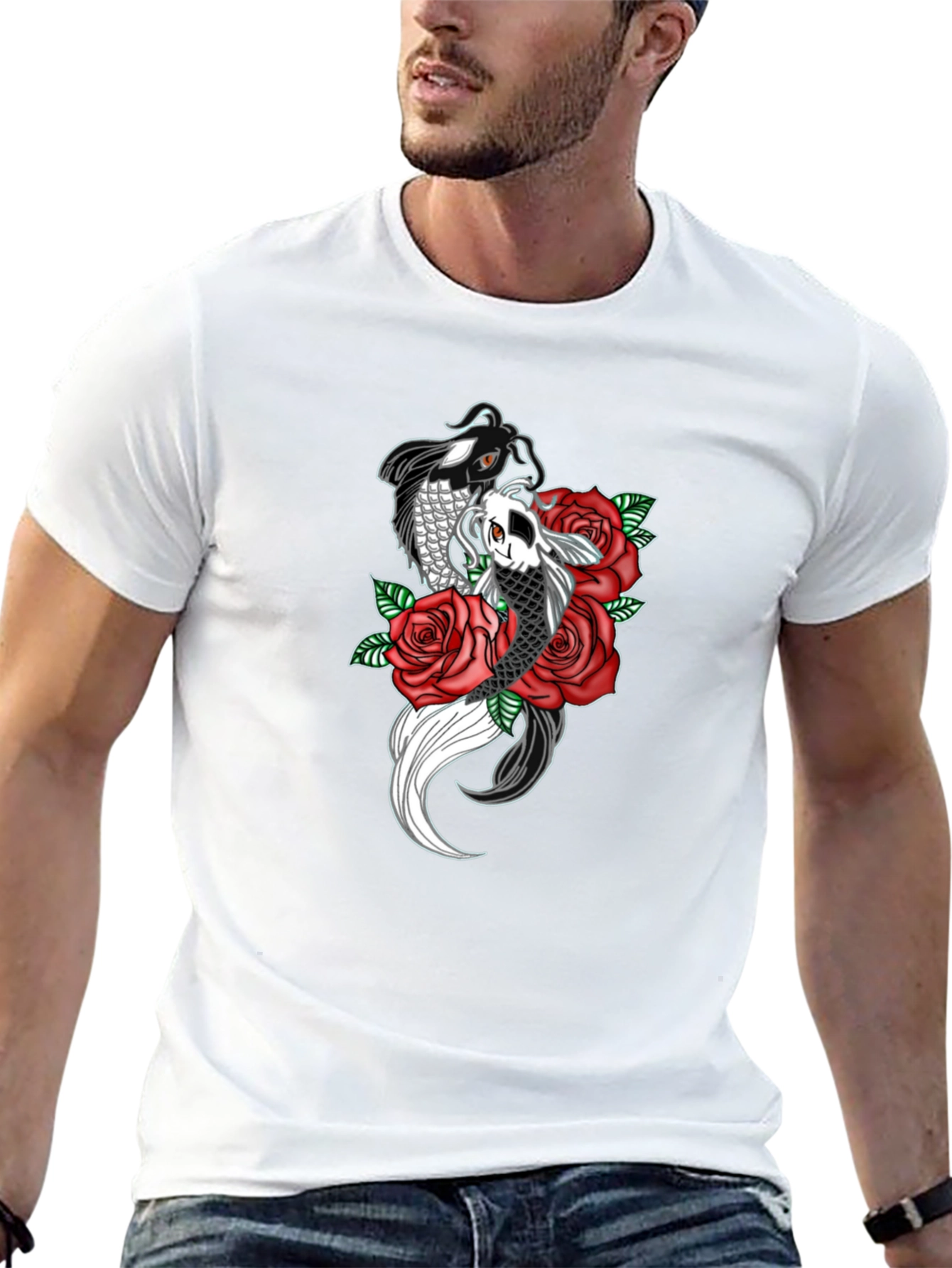 Koi Fish & Roses Graphic Print Black T-Shirt