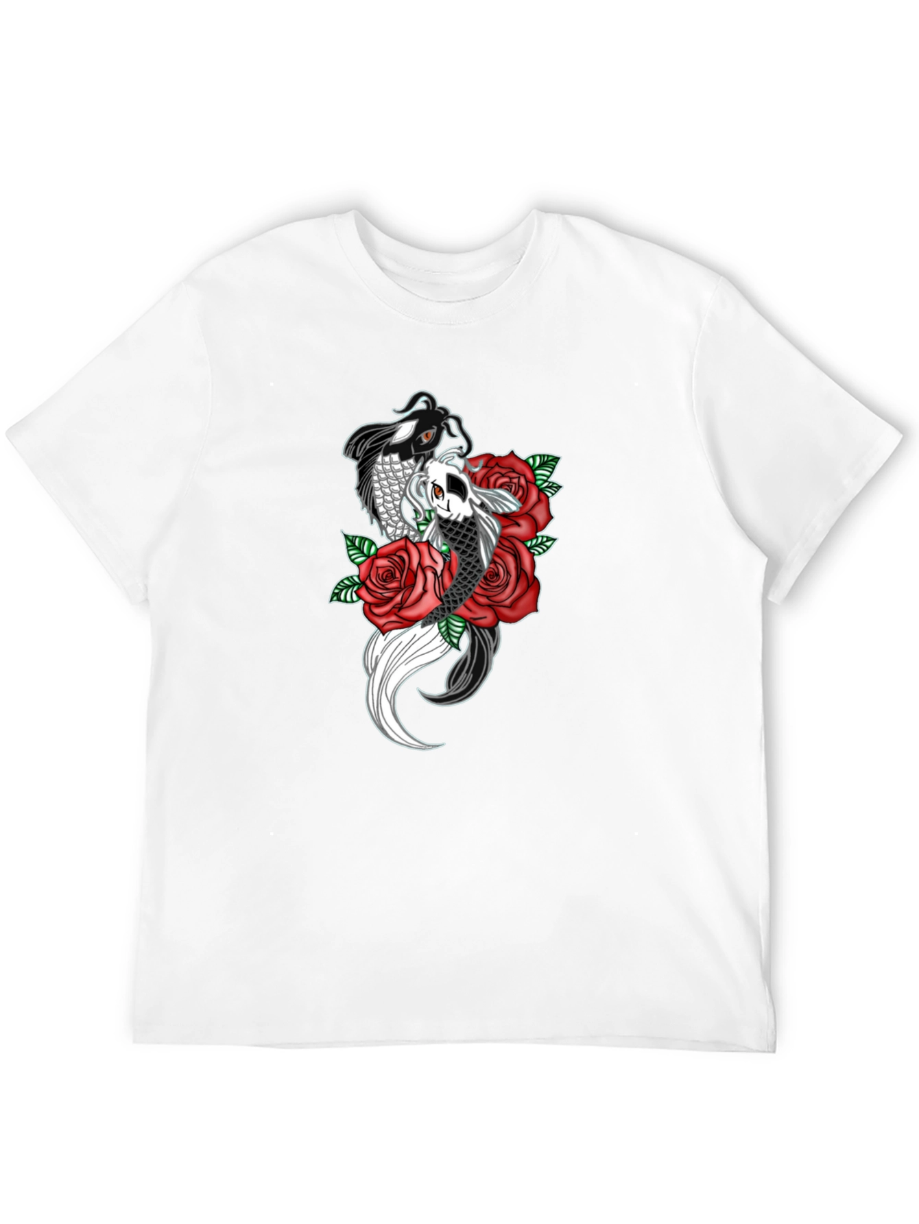 Koi Fish & Roses Graphic Print Black T-Shirt