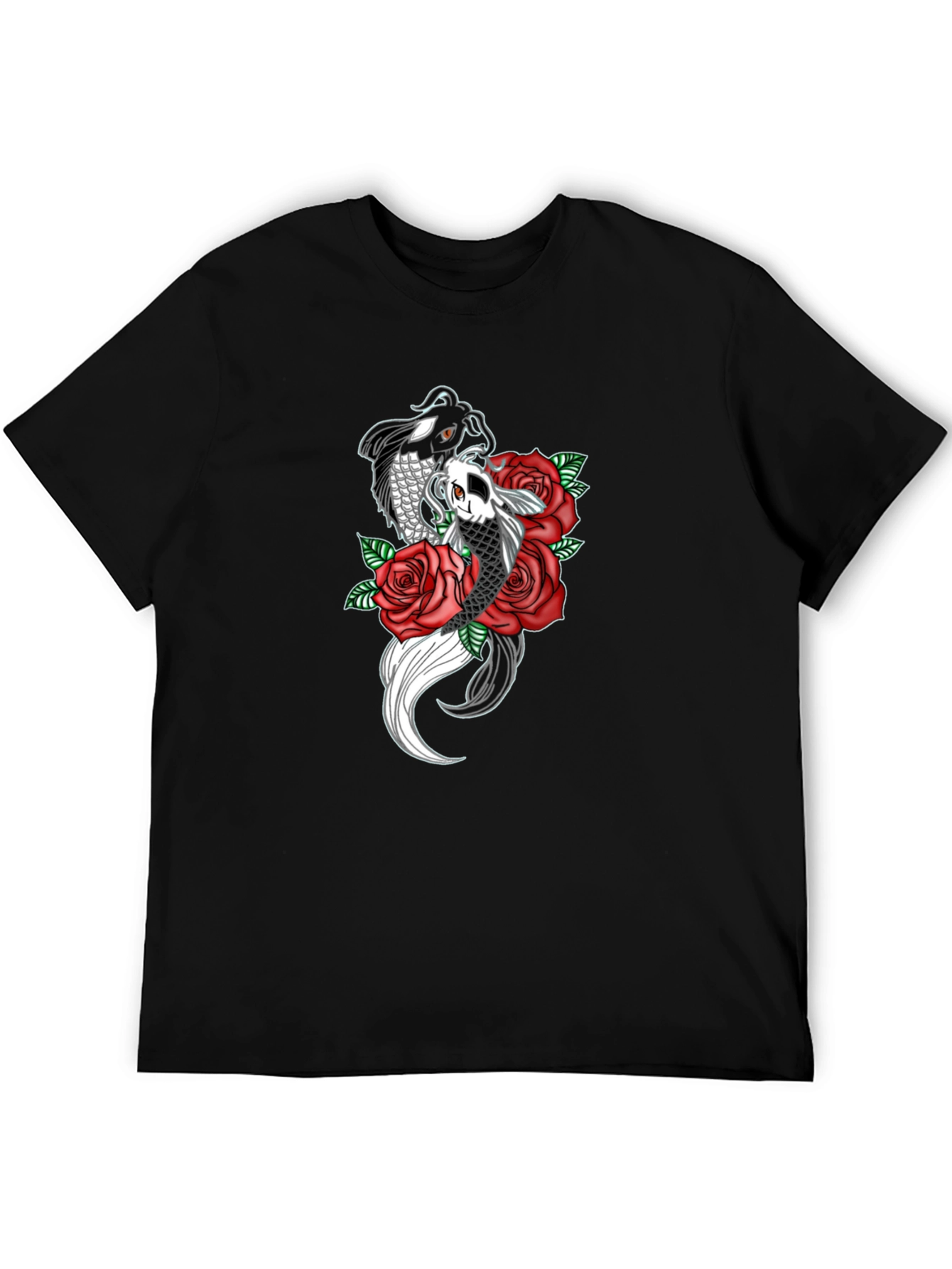 Koi Fish & Roses Graphic Print Black T-Shirt