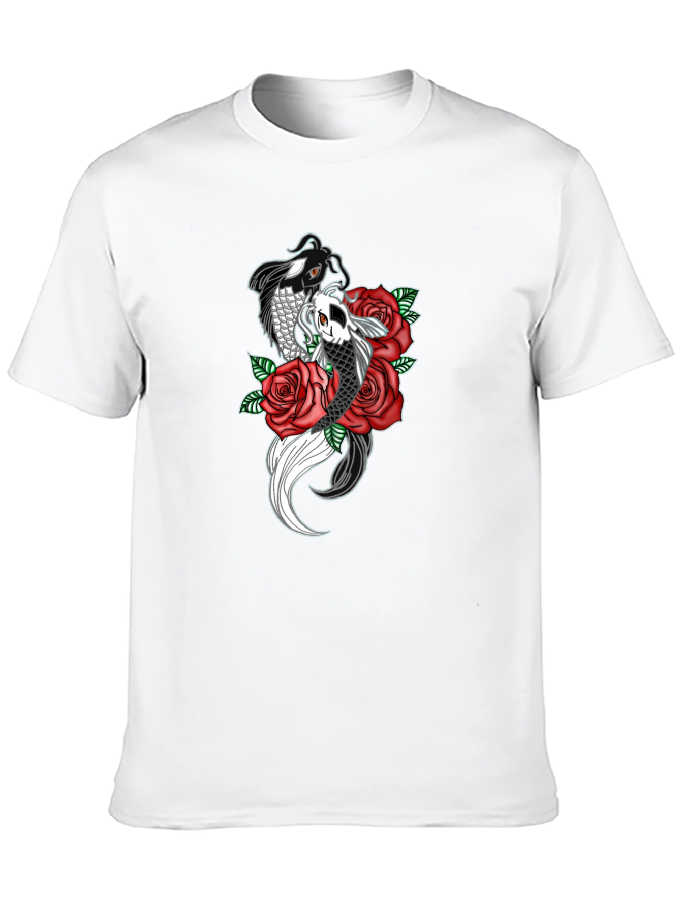 Koi Fish & Roses Graphic Print Black T-Shirt