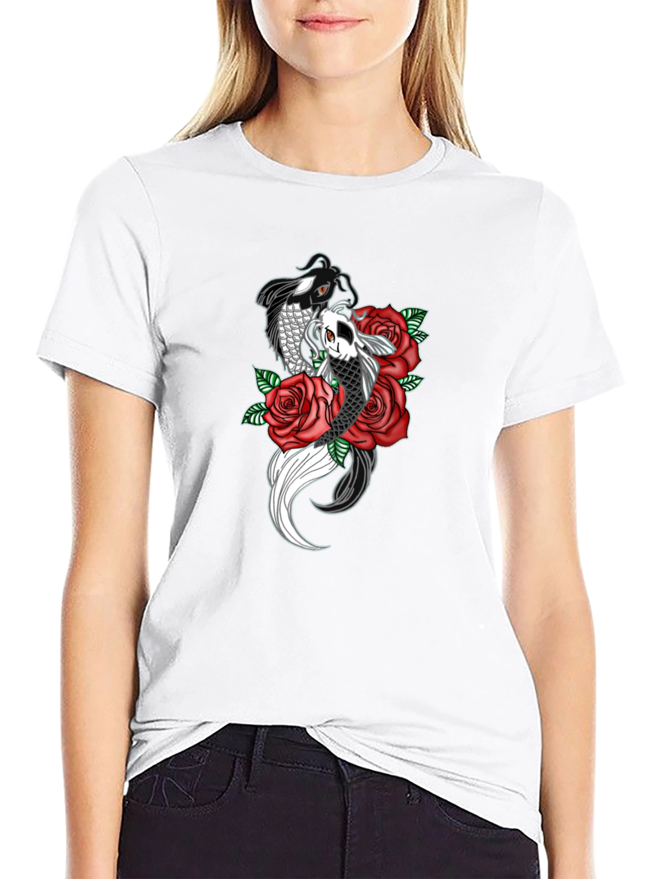 Koi Fish & Roses Graphic Print Black T-Shirt