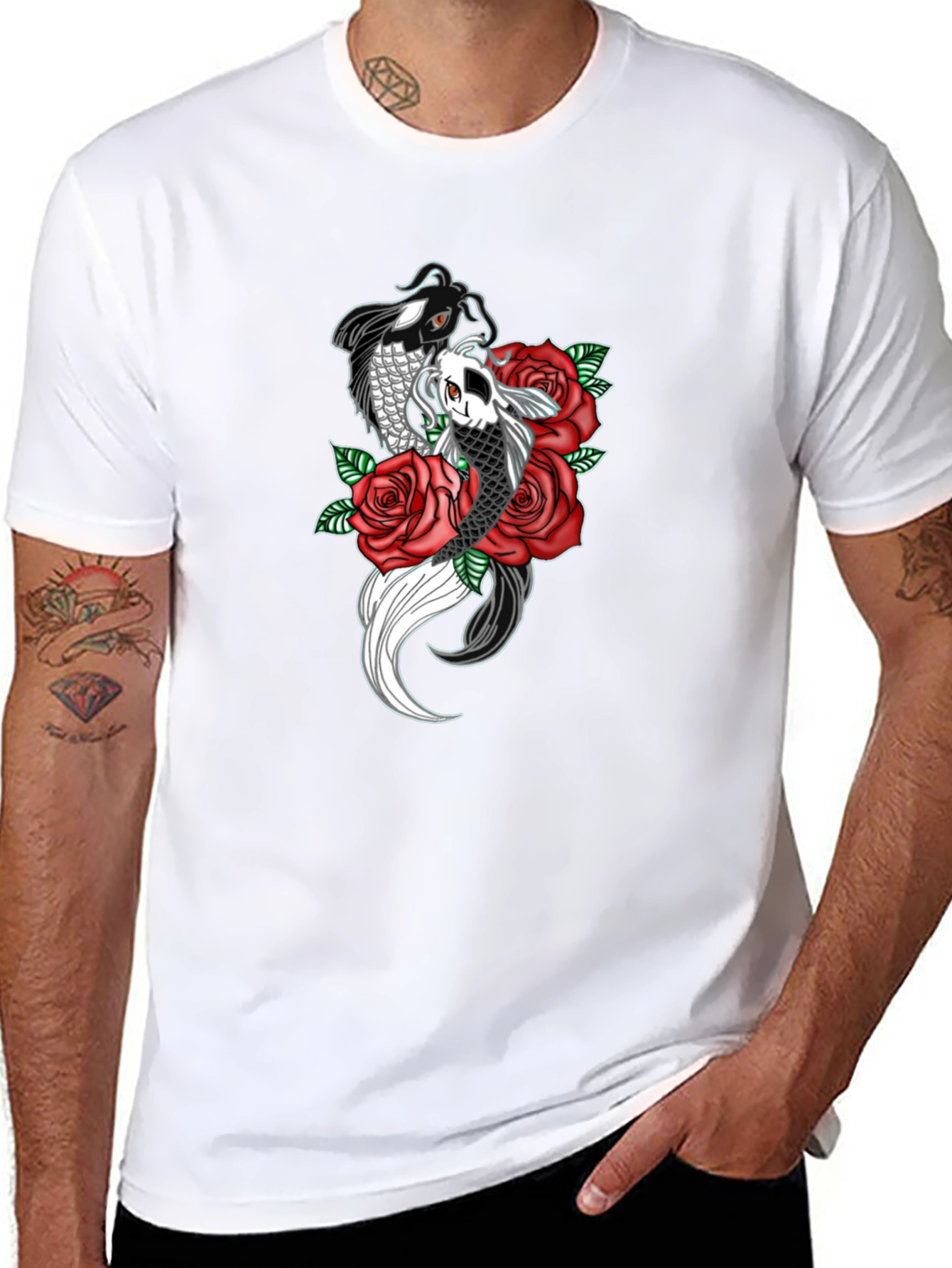 Koi Fish & Roses Graphic Print Black T-Shirt