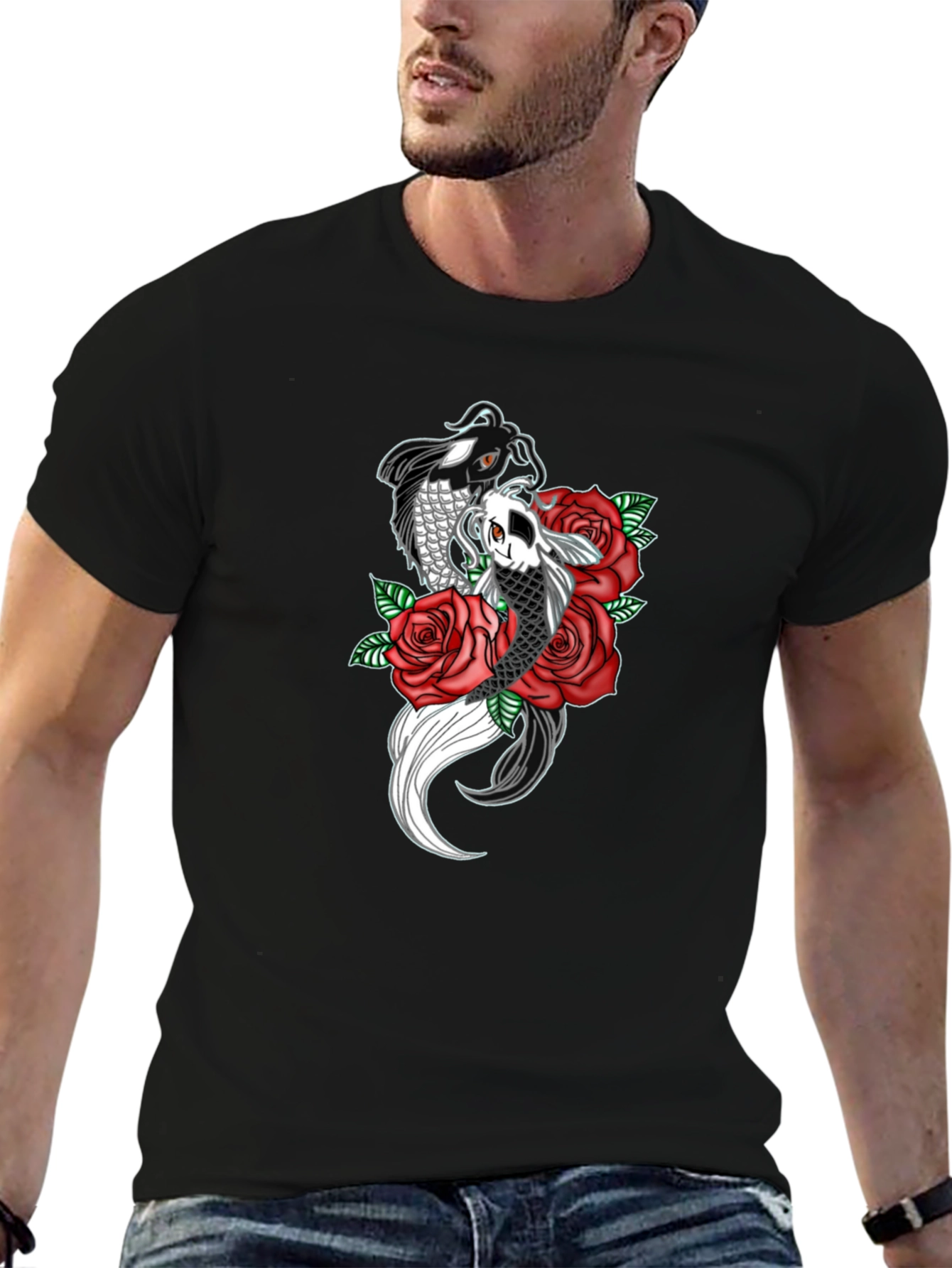 Koi Fish & Roses Graphic Print Black T-Shirt