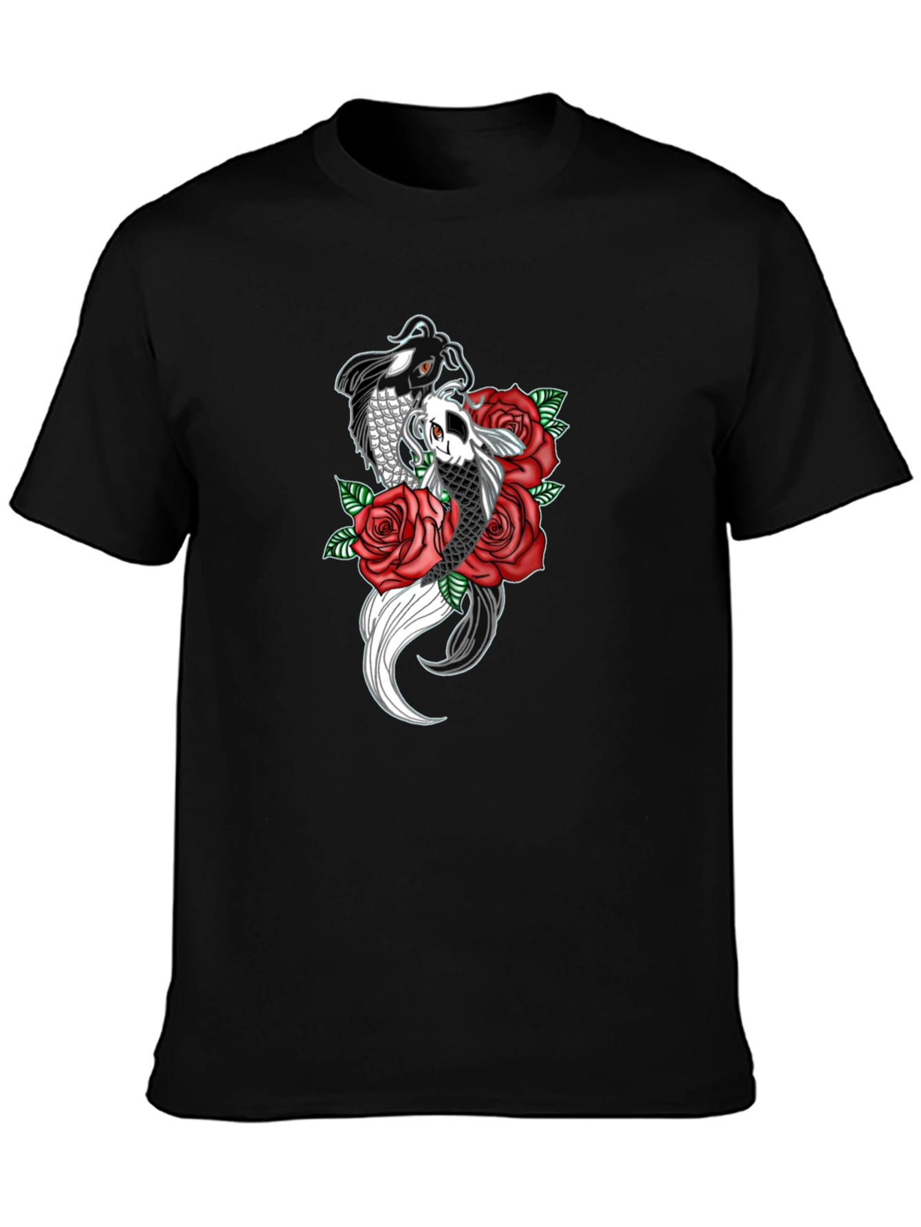 Koi Fish & Roses Graphic Print Black T-Shirt