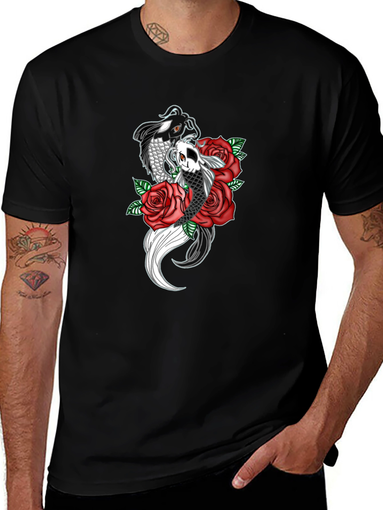 Koi Fish & Roses Graphic Print Black T-Shirt