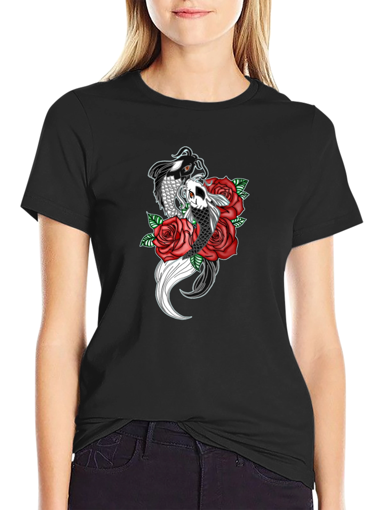 Koi Fish & Roses Graphic Print Black T-Shirt