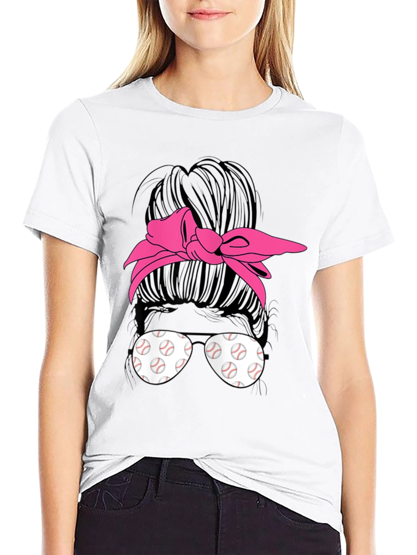 Baseball Messy Bun T-Shirt Funny Womens Mom Tee