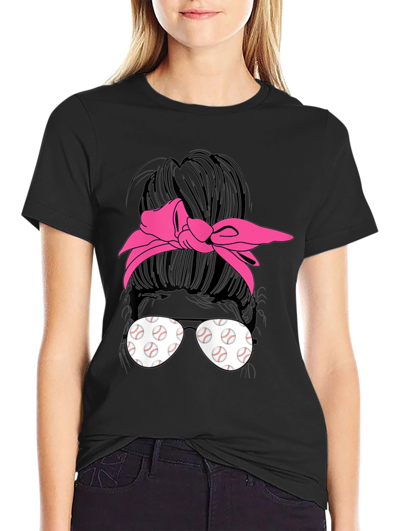 Baseball Messy Bun T-Shirt Funny Womens Mom Tee