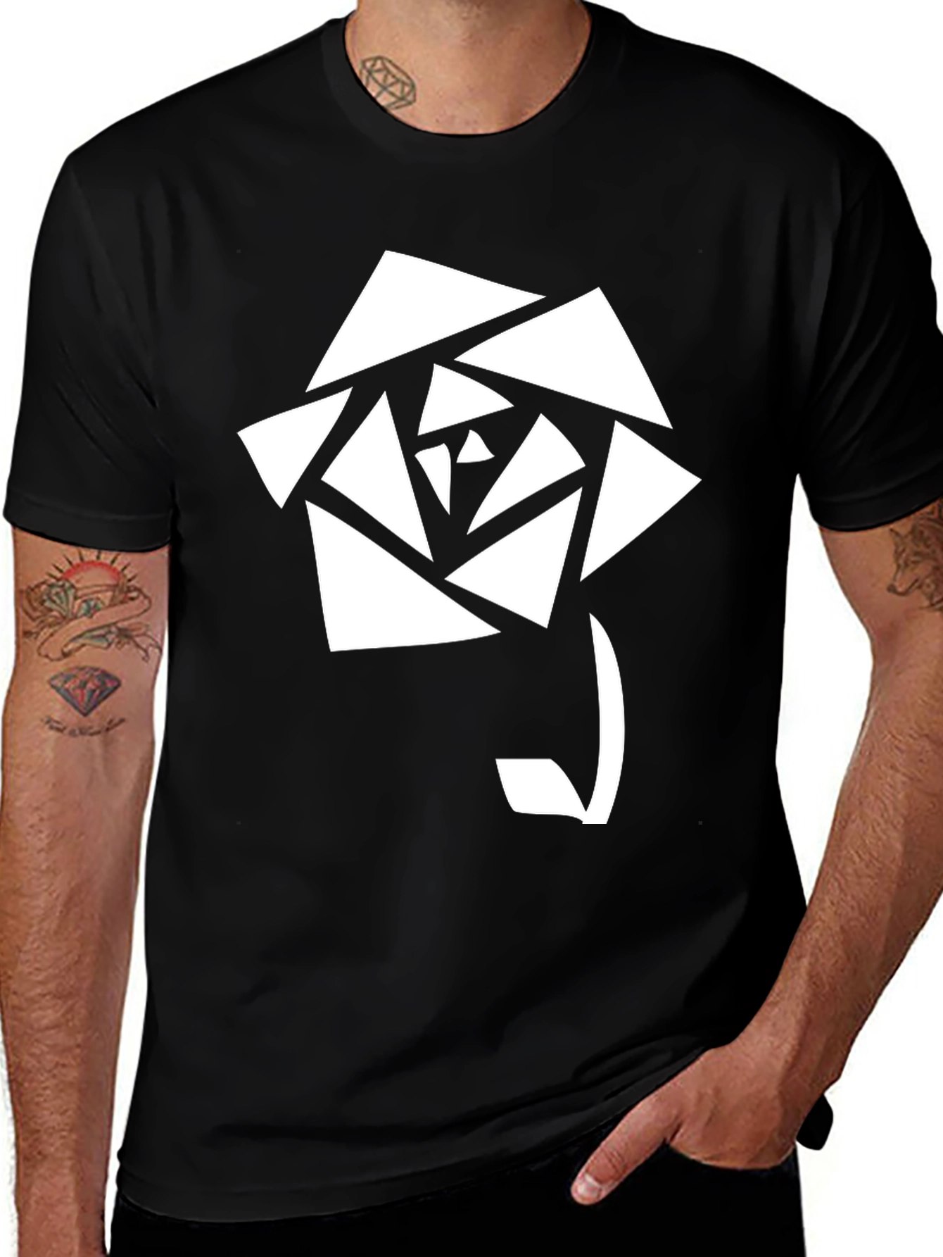 Geometric Rose Graphic T-Shirt - Stylish Black Tee