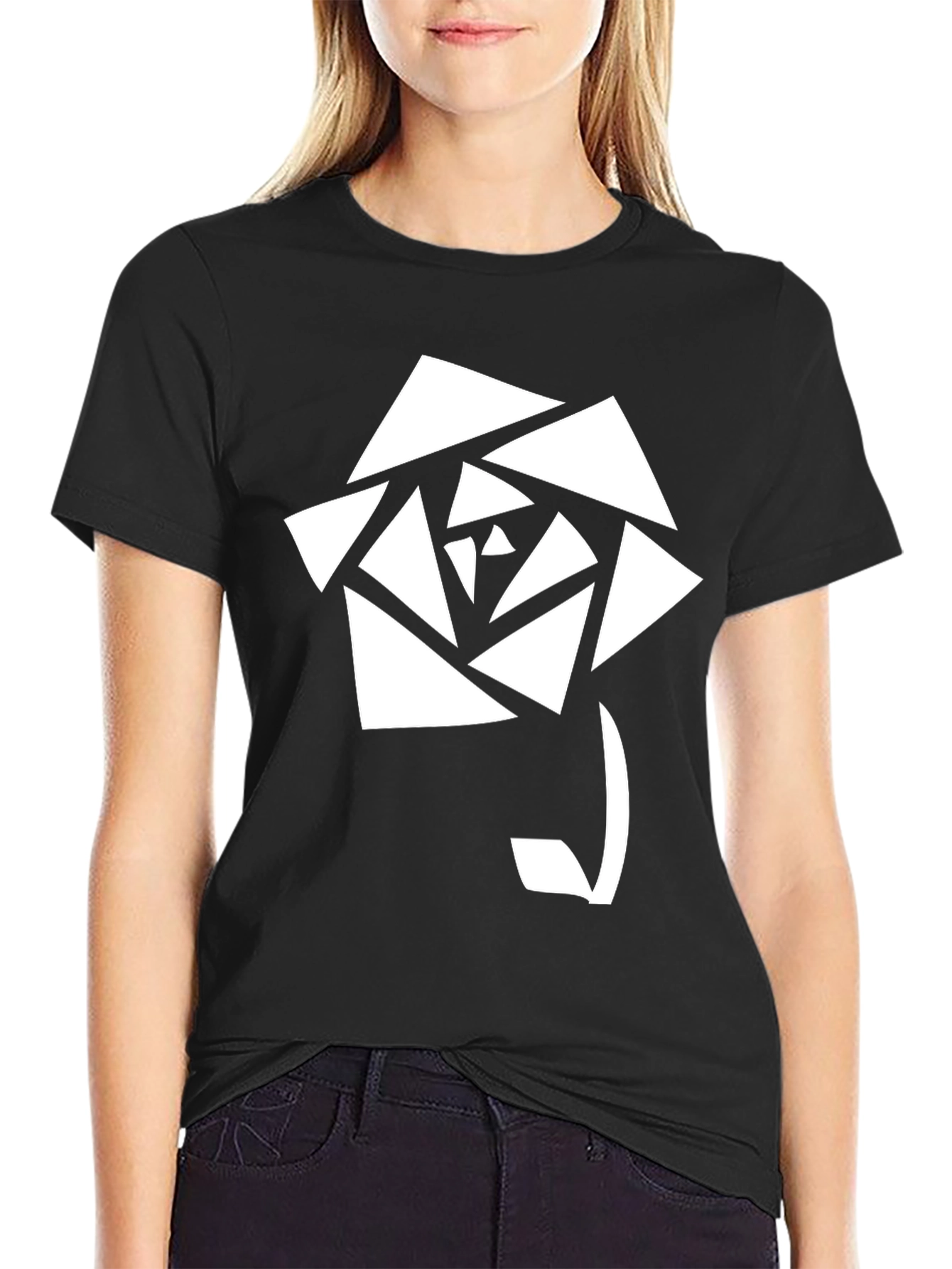 Geometric Rose Graphic T-Shirt - Stylish Black Tee