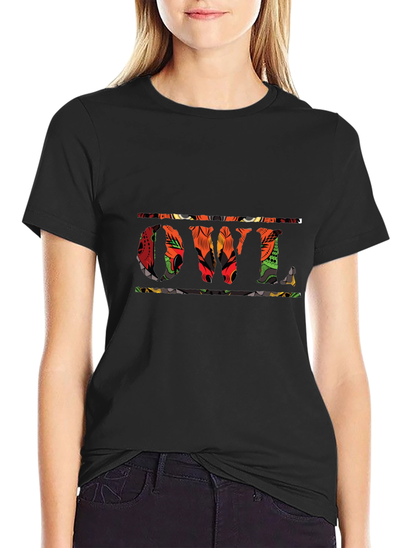 Owl Patterned Black T-Shirt