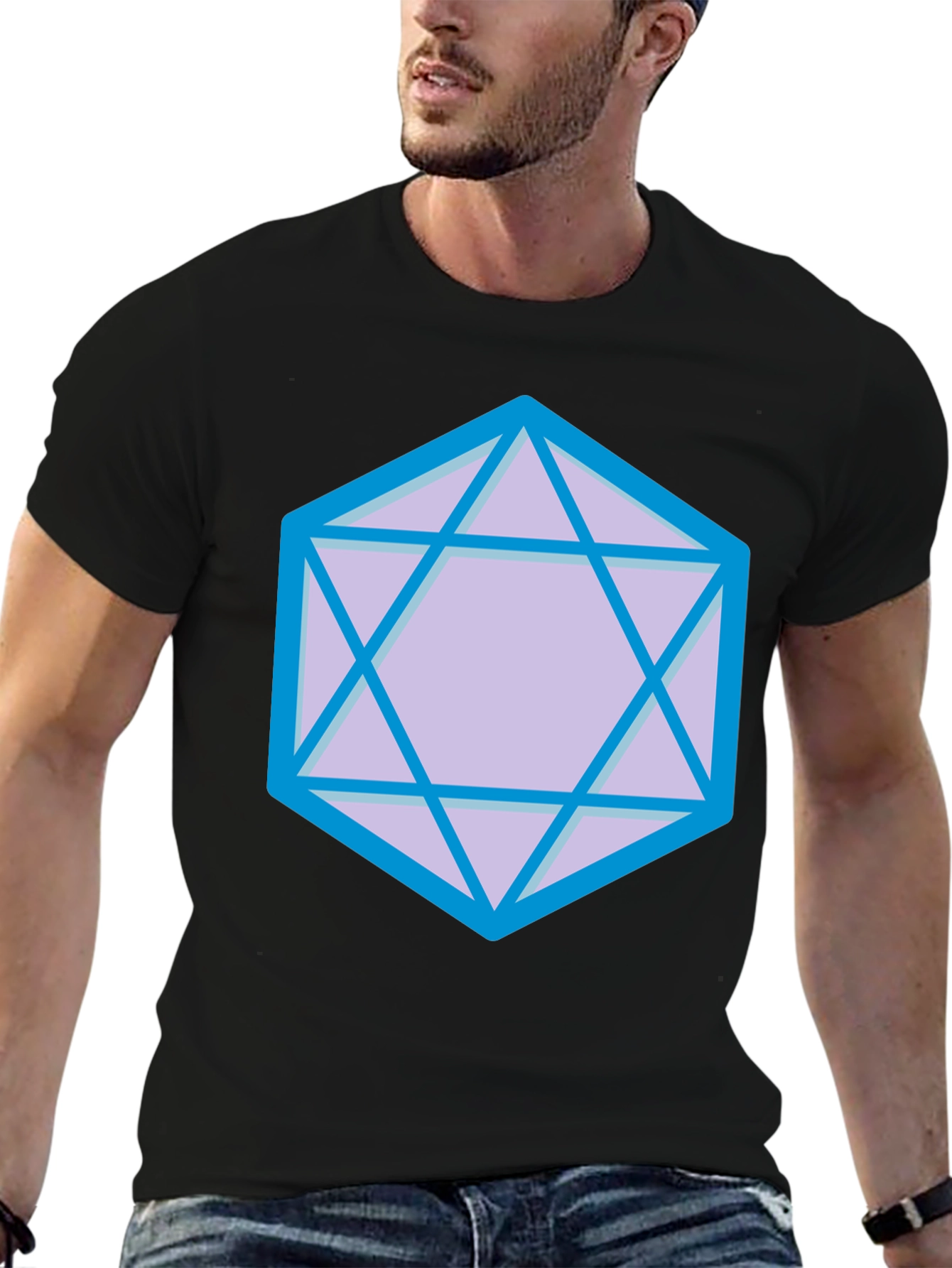 Geometric D20 Dice Graphic Tee - Black Cotton Blend