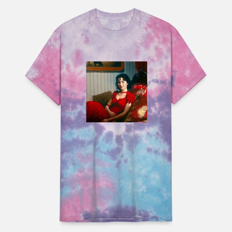lady wear lacy red dress chill on a sofa