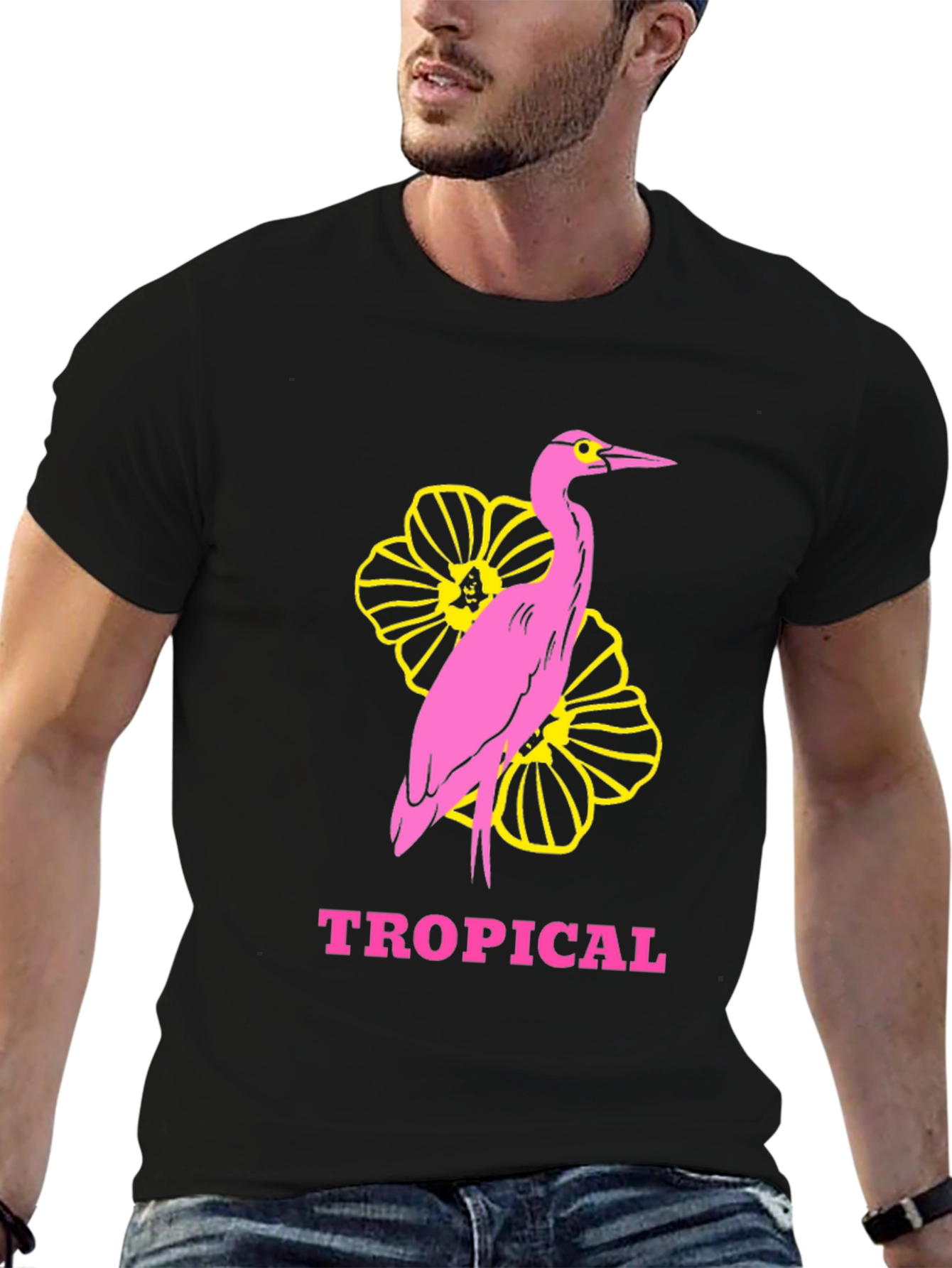 Tropical Heron Graphic Tee - Black