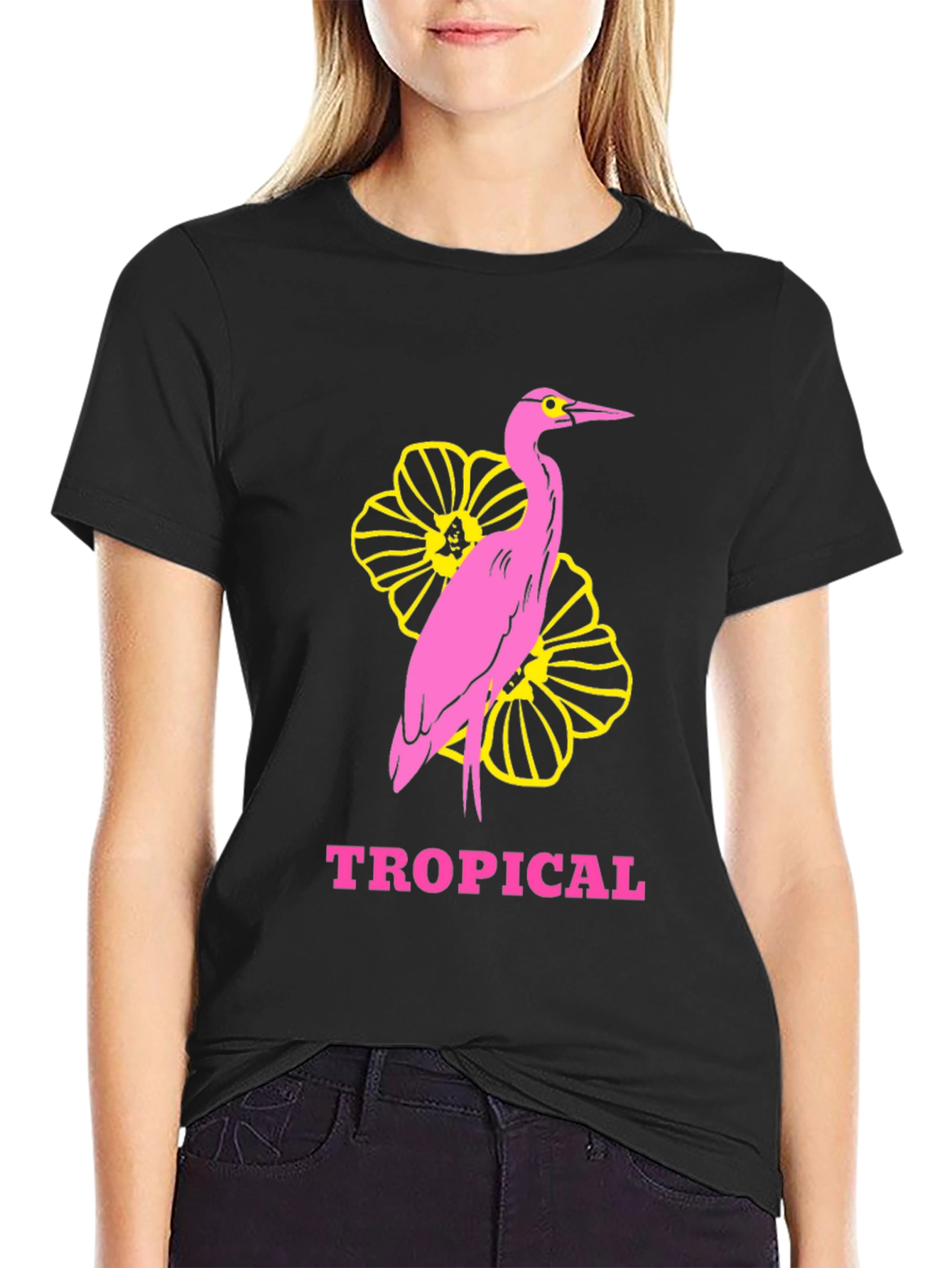Tropical Heron Graphic Tee - Black