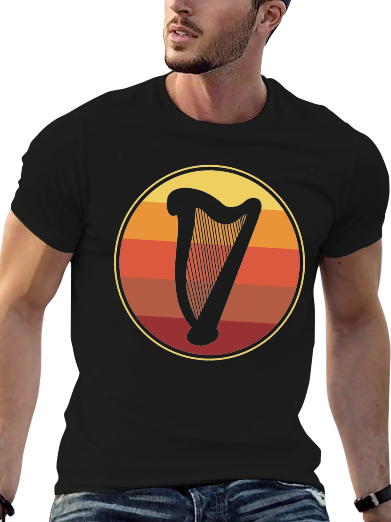 Retro Harp Circle Graphic Tee - Black Cotton T-Shirt