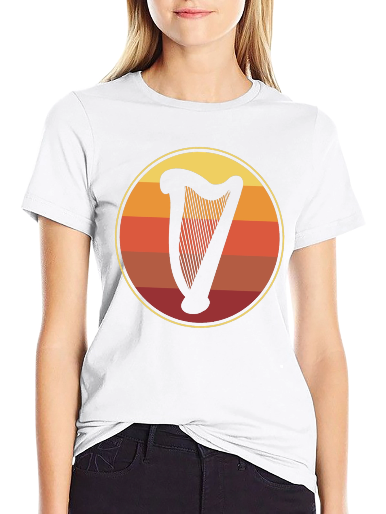 Retro Harp Circle Graphic Tee - Black Cotton T-Shirt