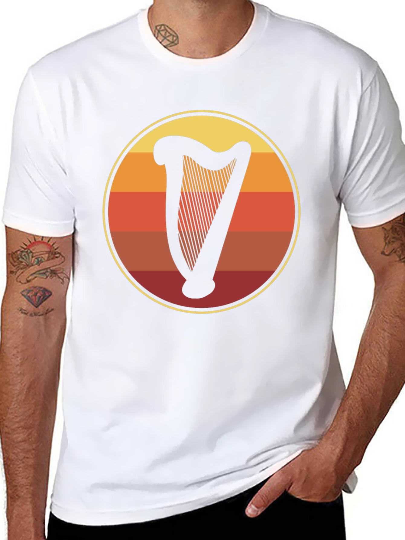 Retro Harp Circle Graphic Tee - Black Cotton T-Shirt