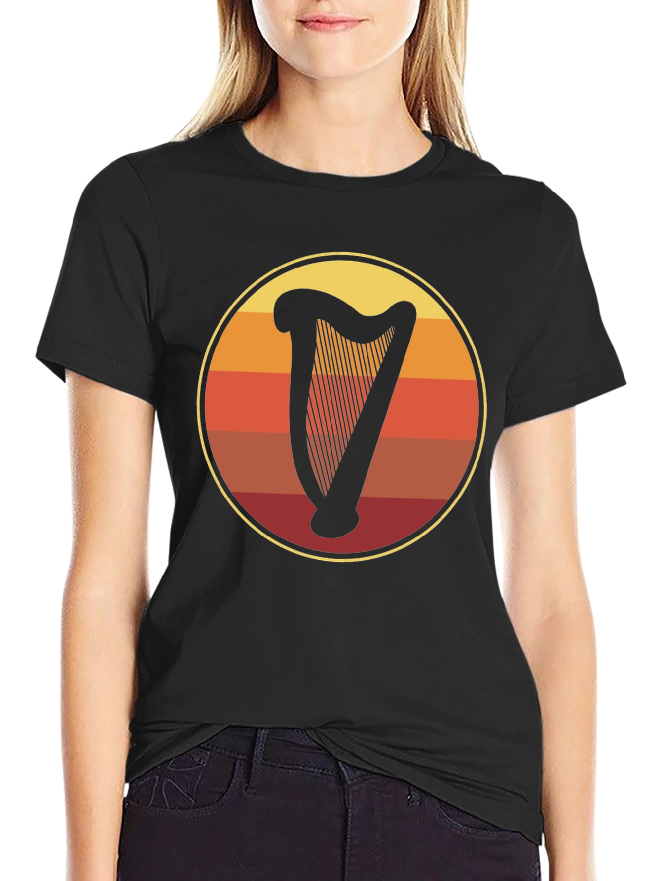 Retro Harp Circle Graphic Tee - Black Cotton T-Shirt