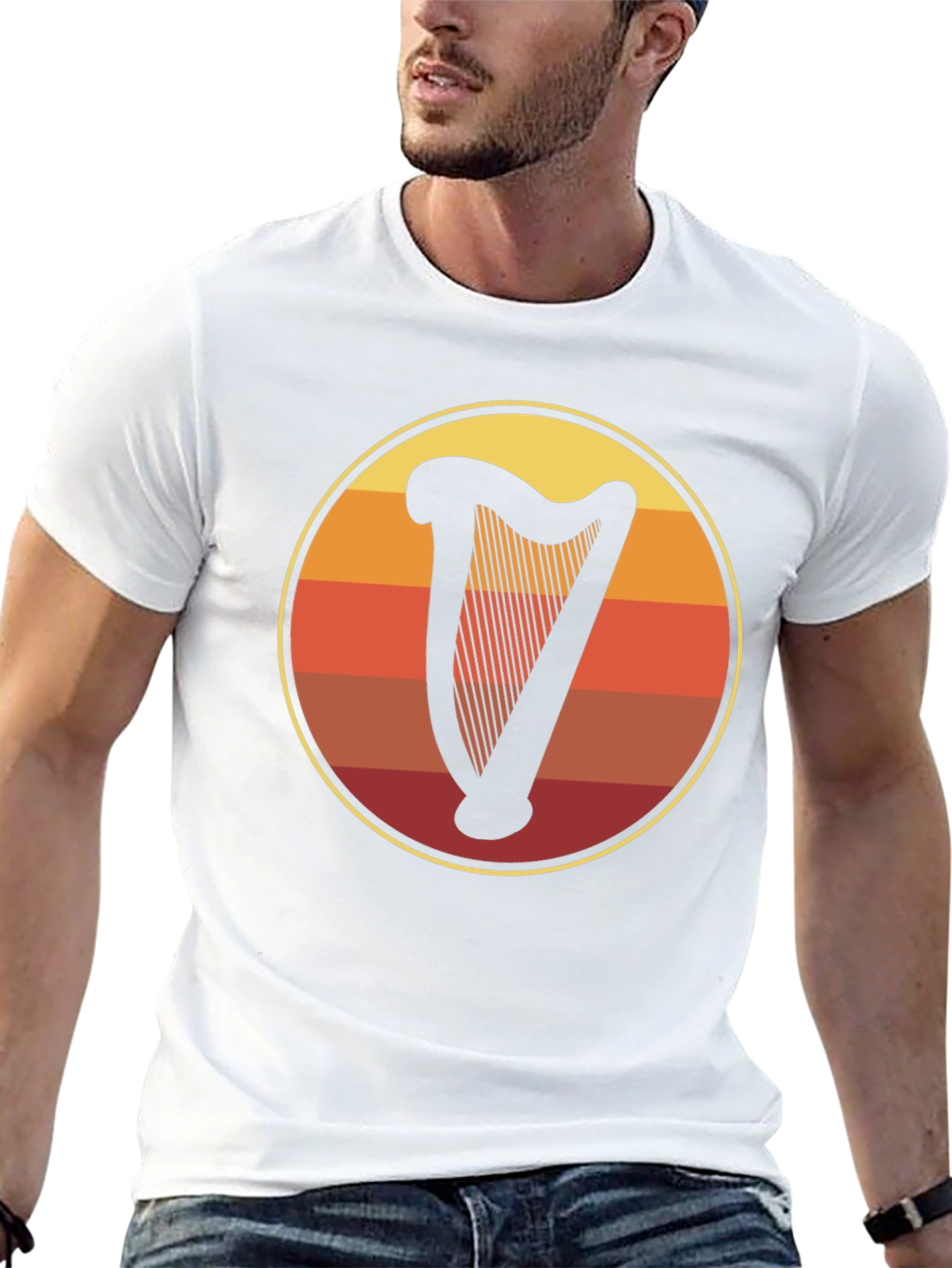 Retro Harp Circle Graphic Tee - Black Cotton T-Shirt