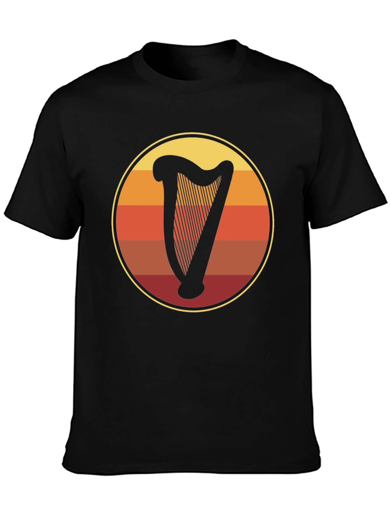 Retro Harp Circle Graphic Tee - Black Cotton T-Shirt