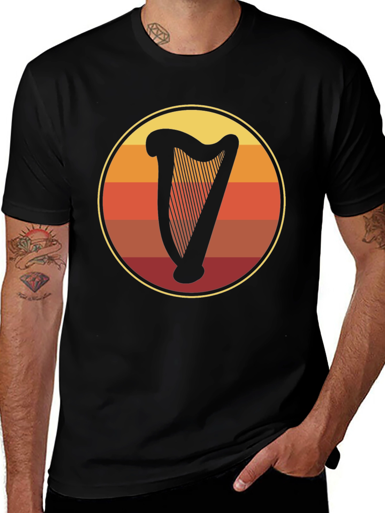 Retro Harp Circle Graphic Tee - Black Cotton T-Shirt
