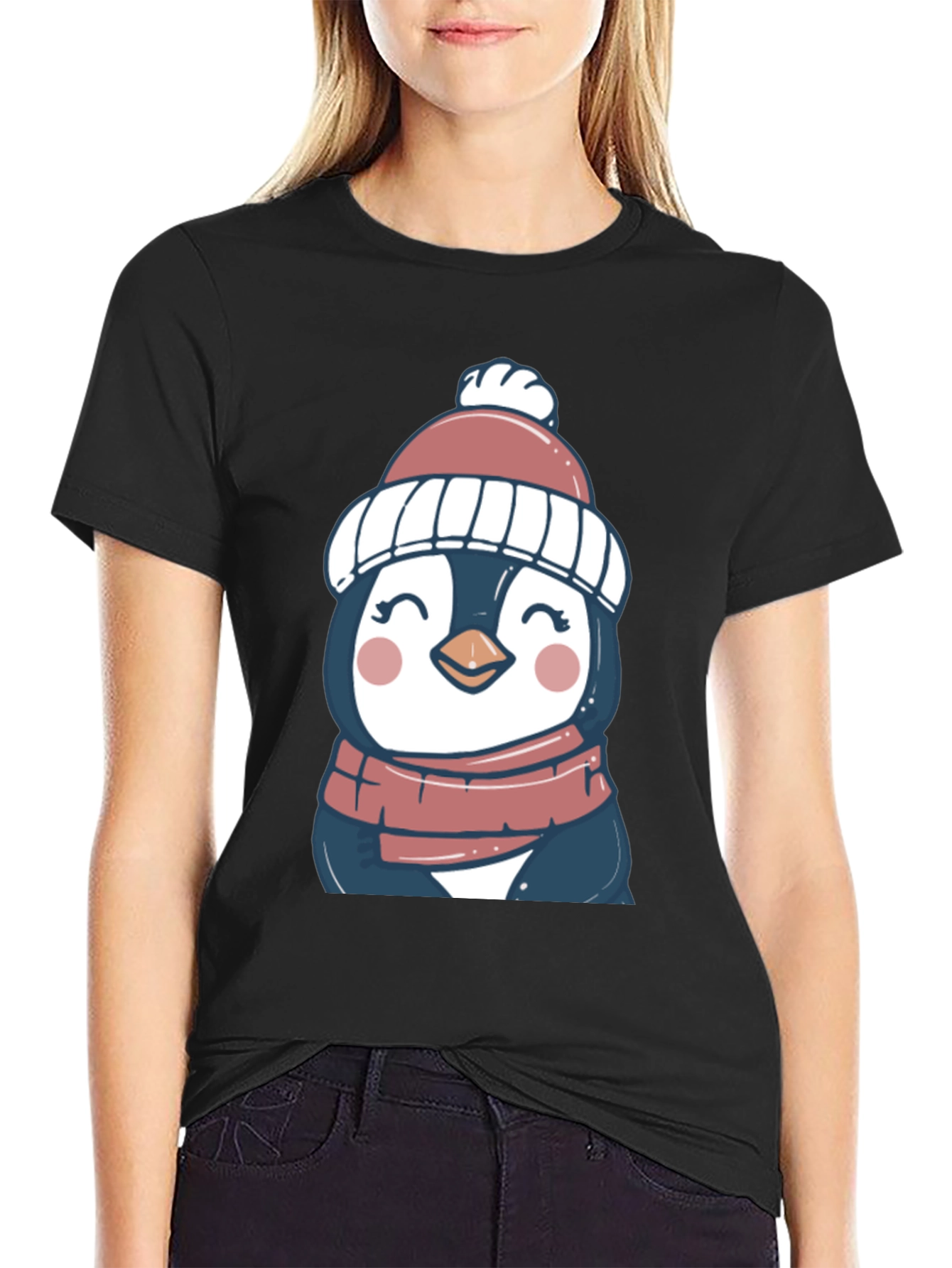 Penguin in Hat Graphic Tee - Cute Winter Style