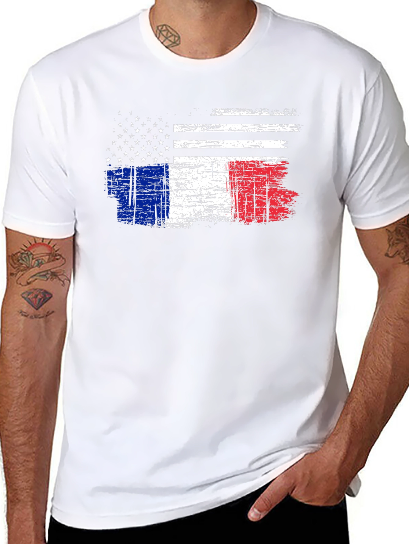 USA & France Flag Graphic Black T-Shirt