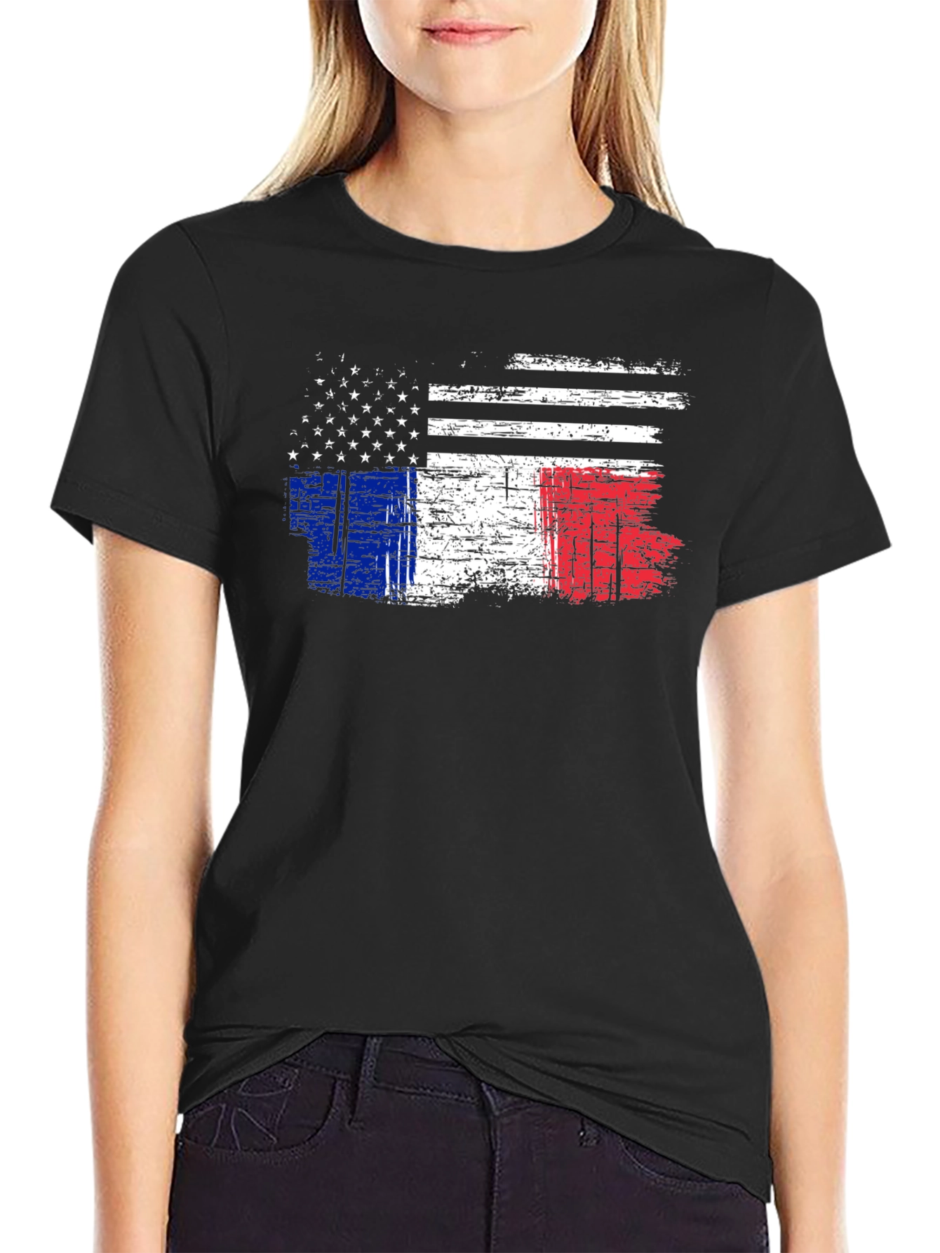 USA & France Flag Graphic Black T-Shirt