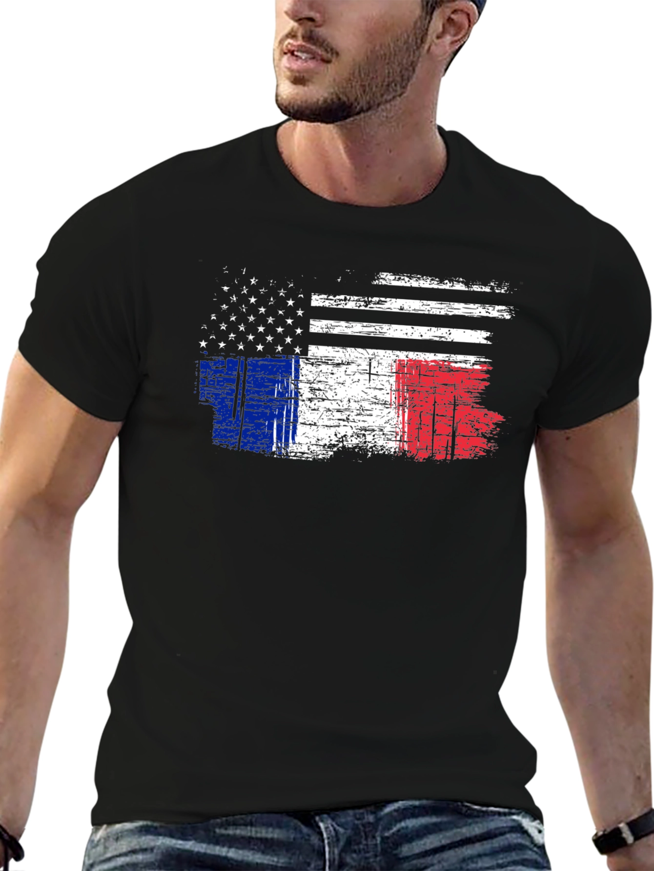 USA & France Flag Graphic Black T-Shirt