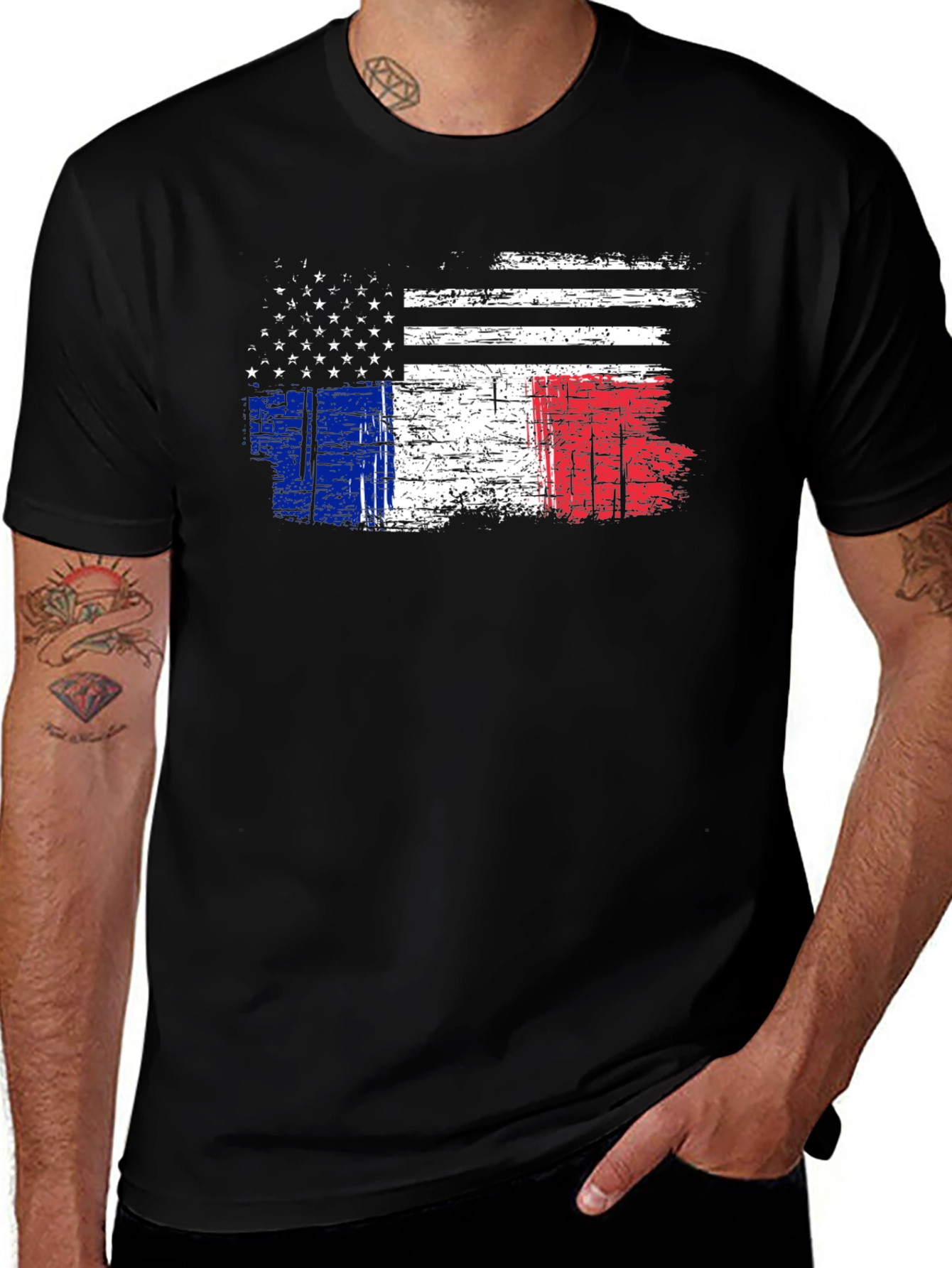 USA & France Flag Graphic Black T-Shirt