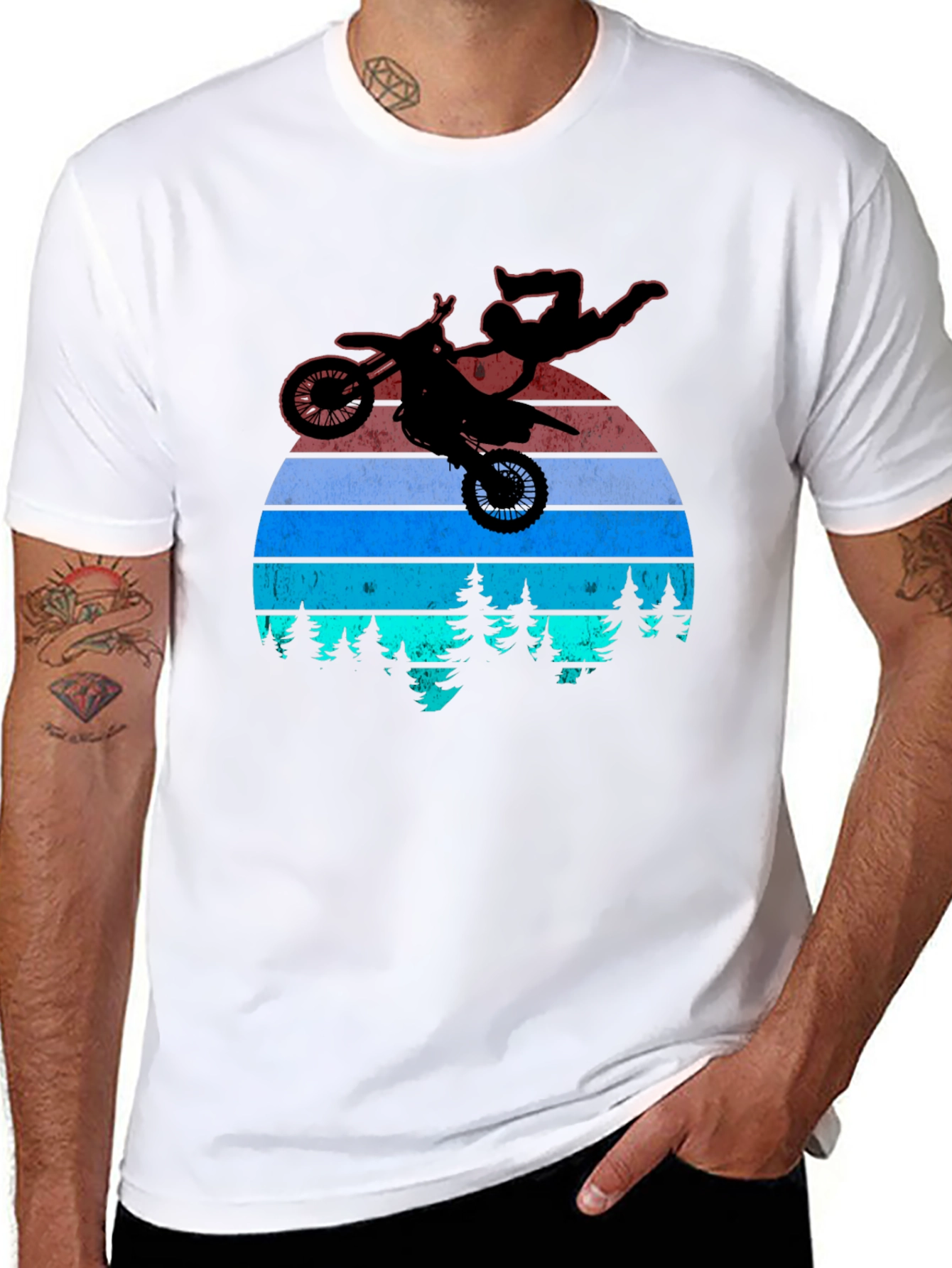 Motocross Stunt T-Shirt - Retro Sunset Design