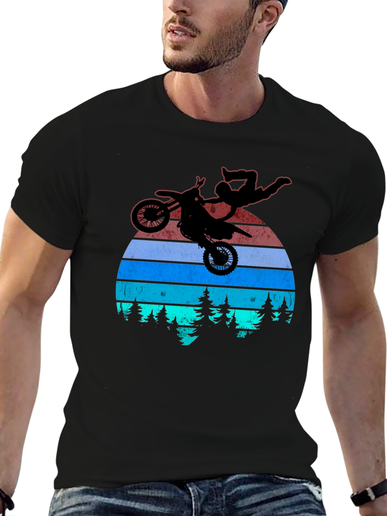 Motocross Stunt T-Shirt - Retro Sunset Design