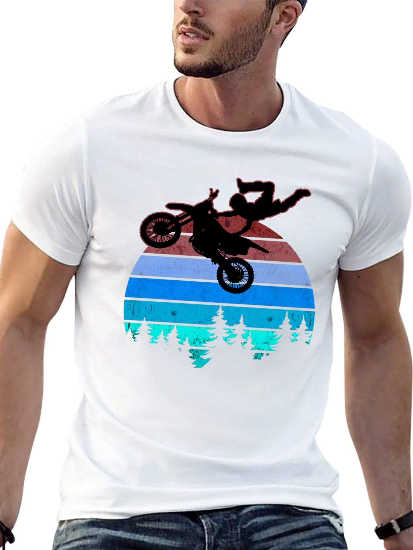 Motocross Stunt T-Shirt - Retro Sunset Design