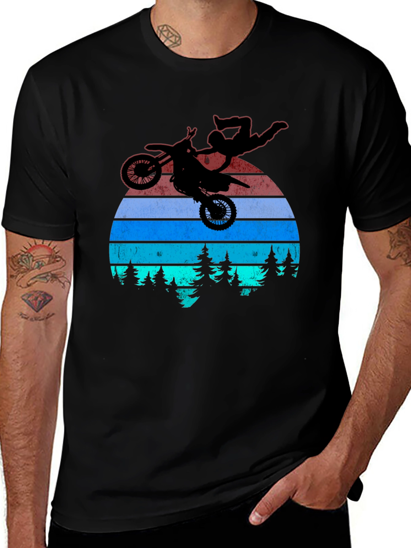 Motocross Stunt T-Shirt - Retro Sunset Design