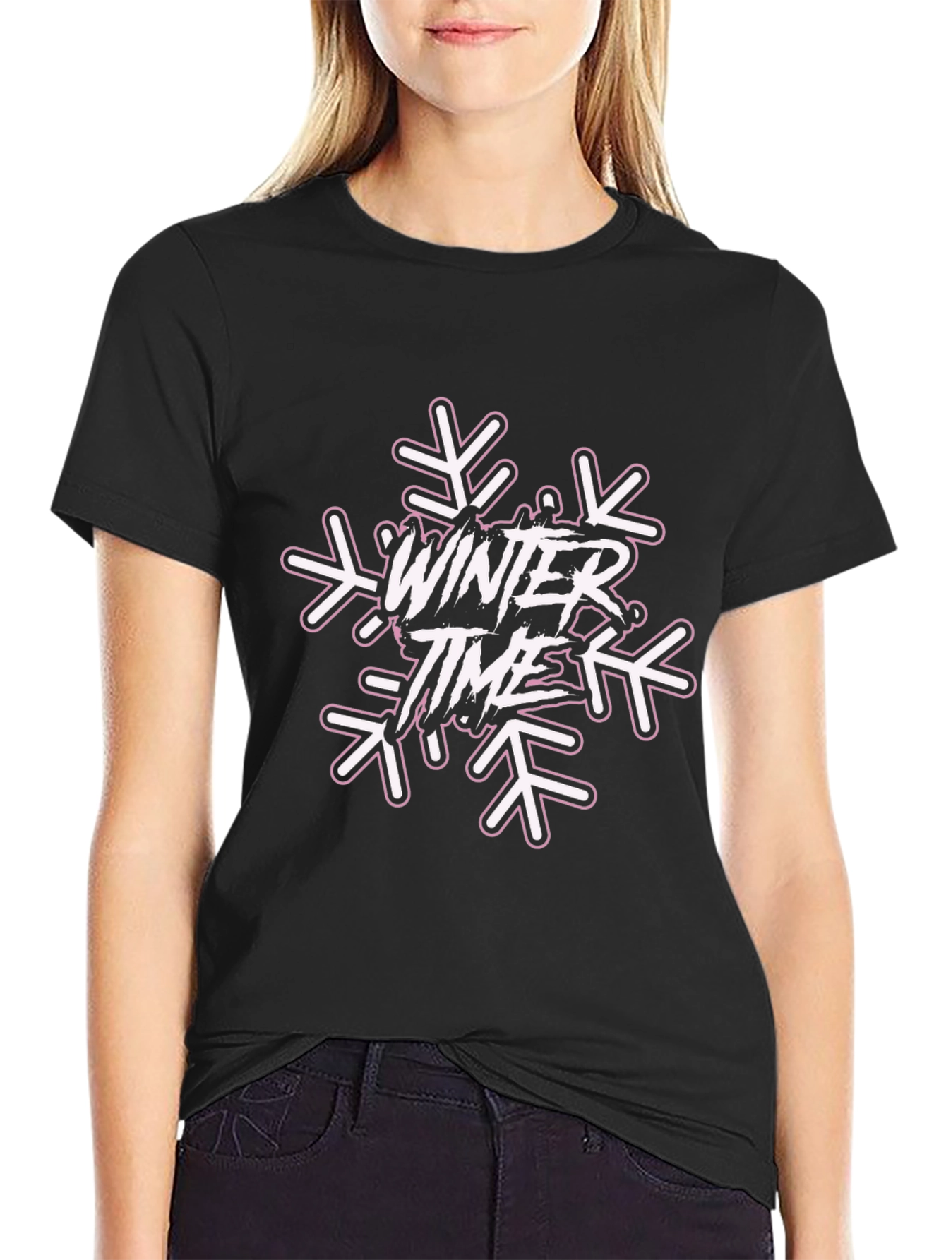 Winter Time Snowflake Graphic Tee - Black Cotton Blend