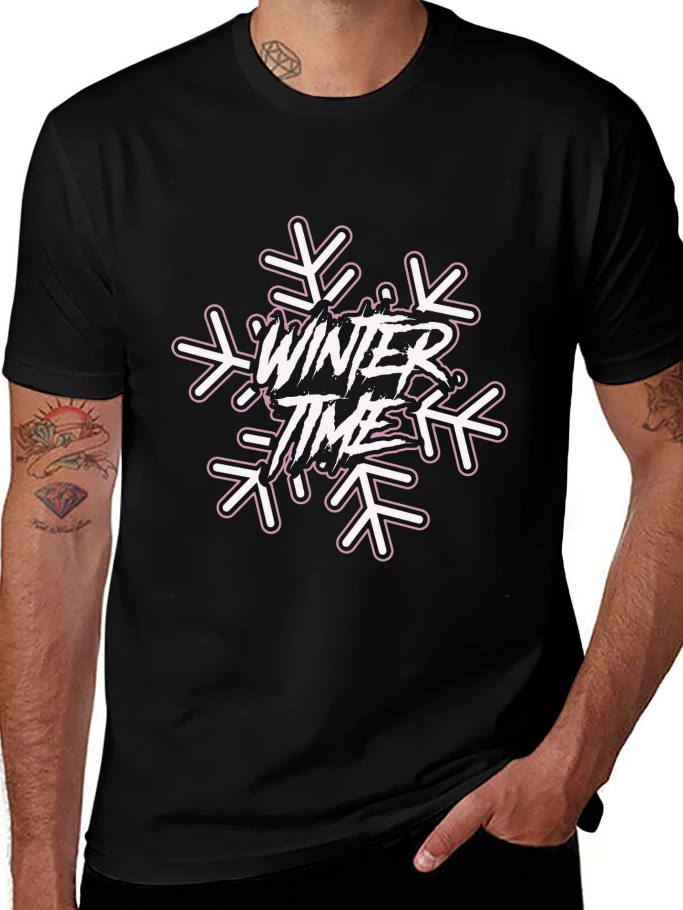 Winter Time Snowflake Graphic Tee - Black Cotton Blend
