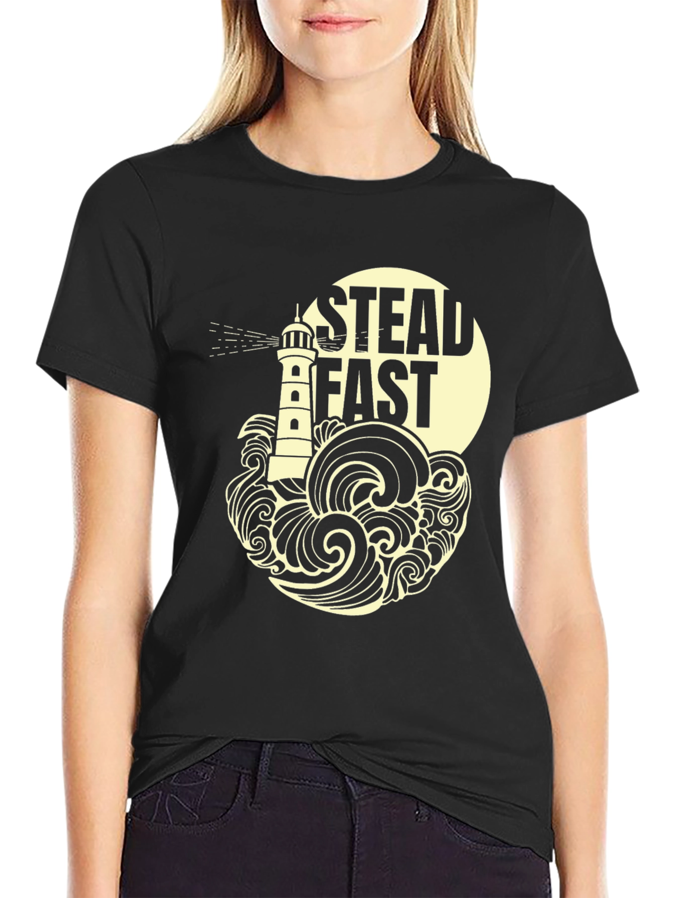 Steadfast Lighthouse Graphic Tee - Black Cotton T-Shirt