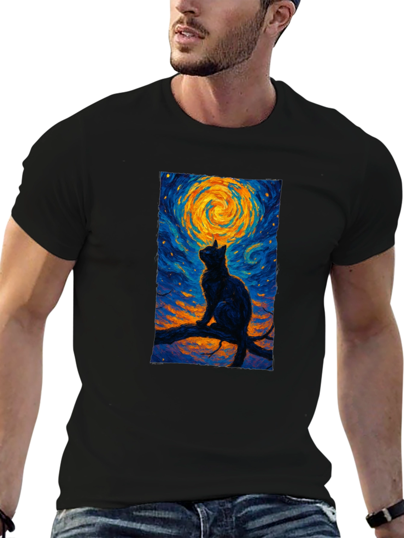 Starry Night Cat T-Shirt - Artistic Graphic Tee