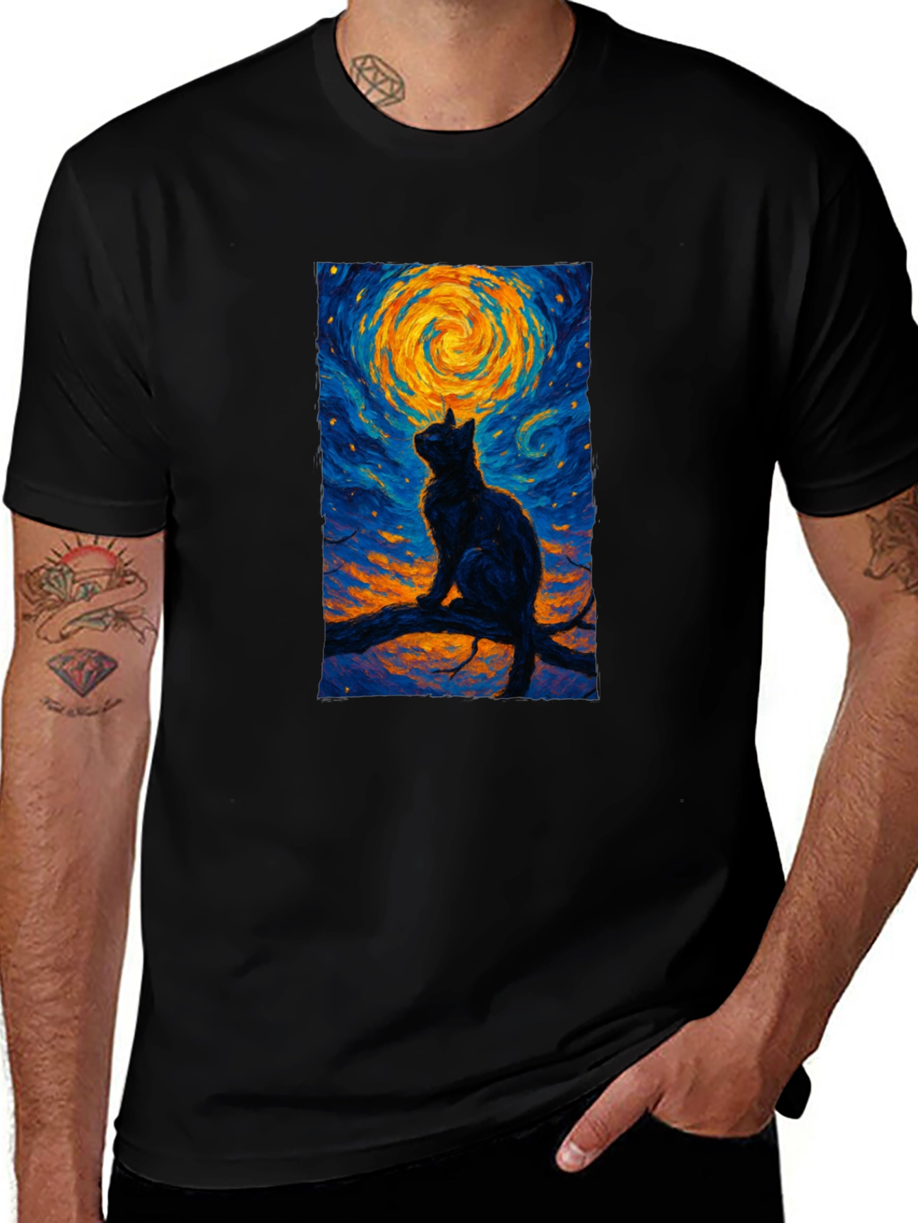 Starry Night Cat T-Shirt - Artistic Graphic Tee