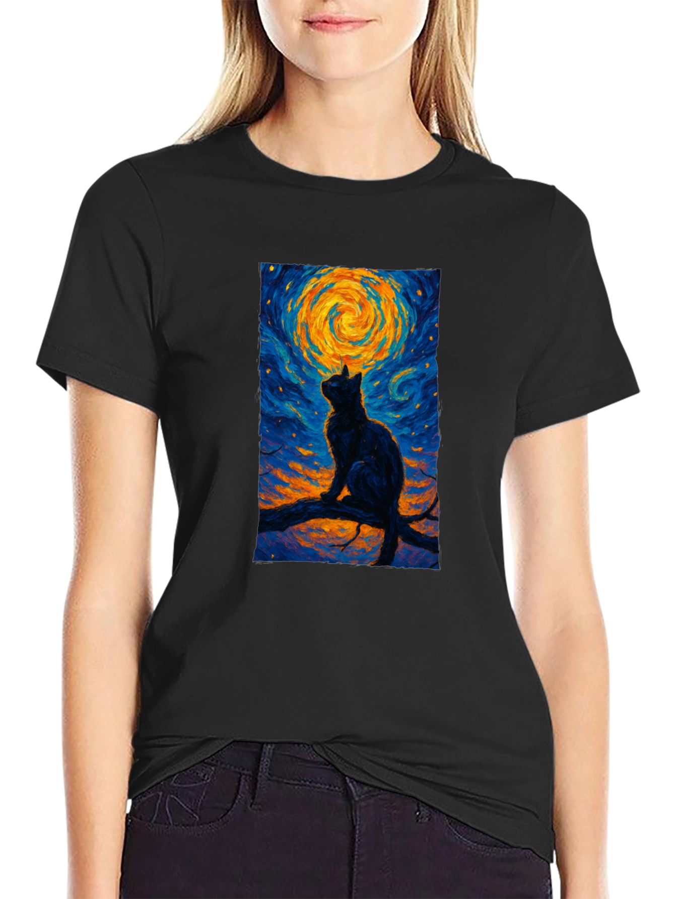 Starry Night Cat T-Shirt - Artistic Graphic Tee