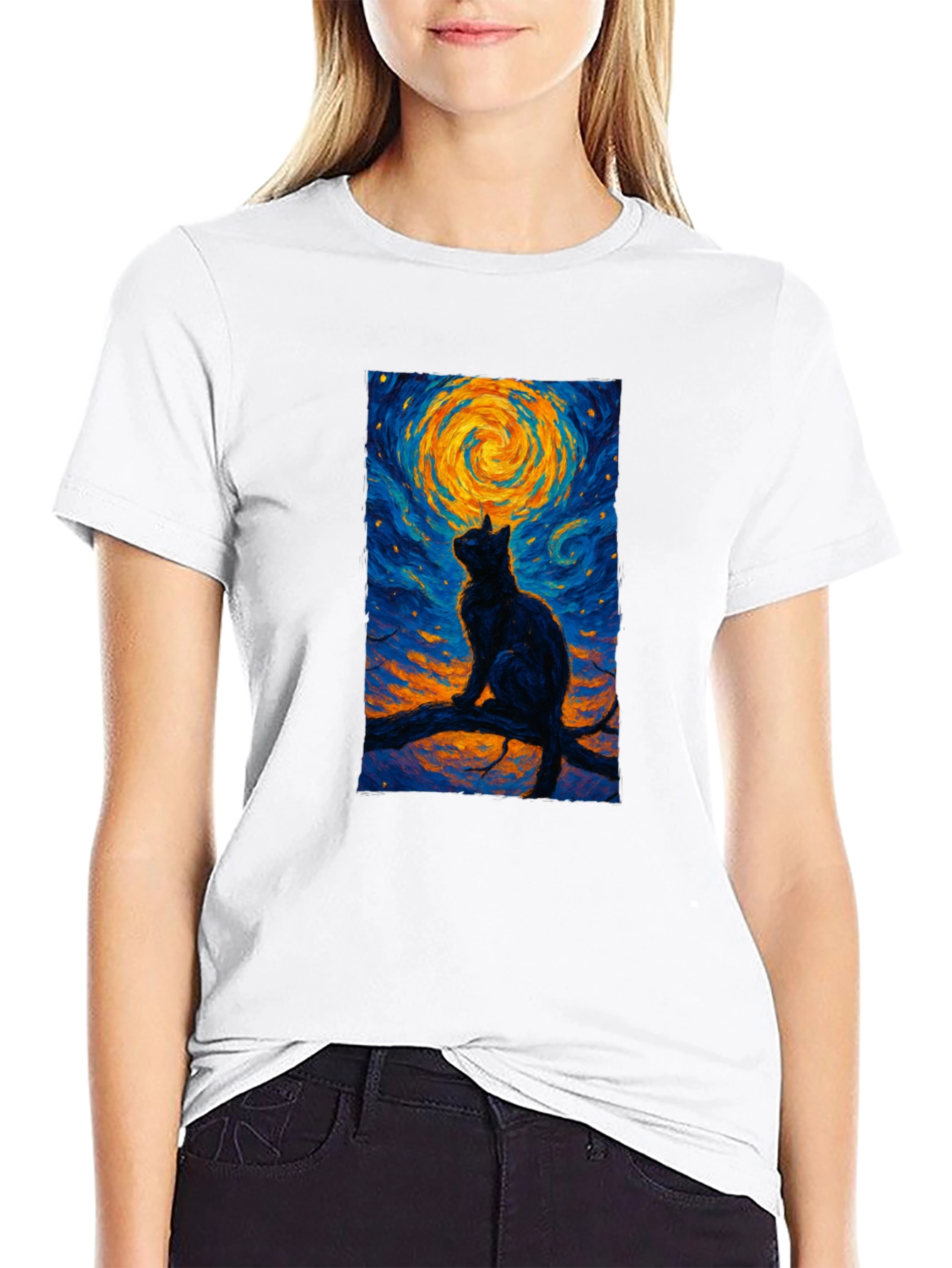 Starry Night Cat T-Shirt - Artistic Graphic Tee