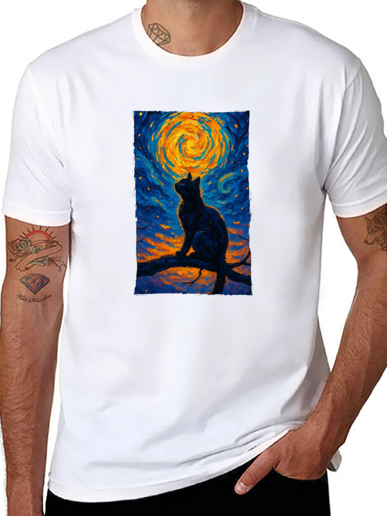 Starry Night Cat T-Shirt - Artistic Graphic Tee