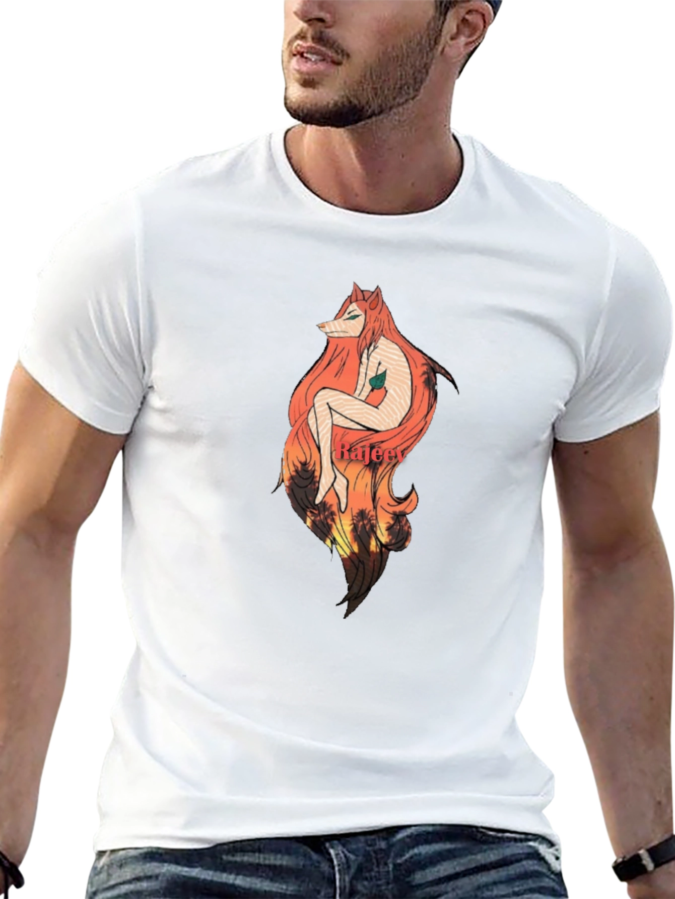 Artistic Fox Girl Graphic Black T-Shirt