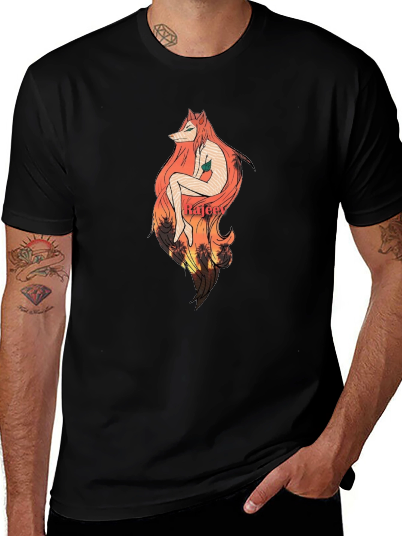 Artistic Fox Girl Graphic Black T-Shirt