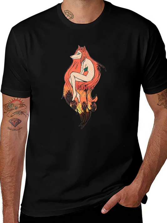 Artistic Fox Girl Graphic Black T-Shirt