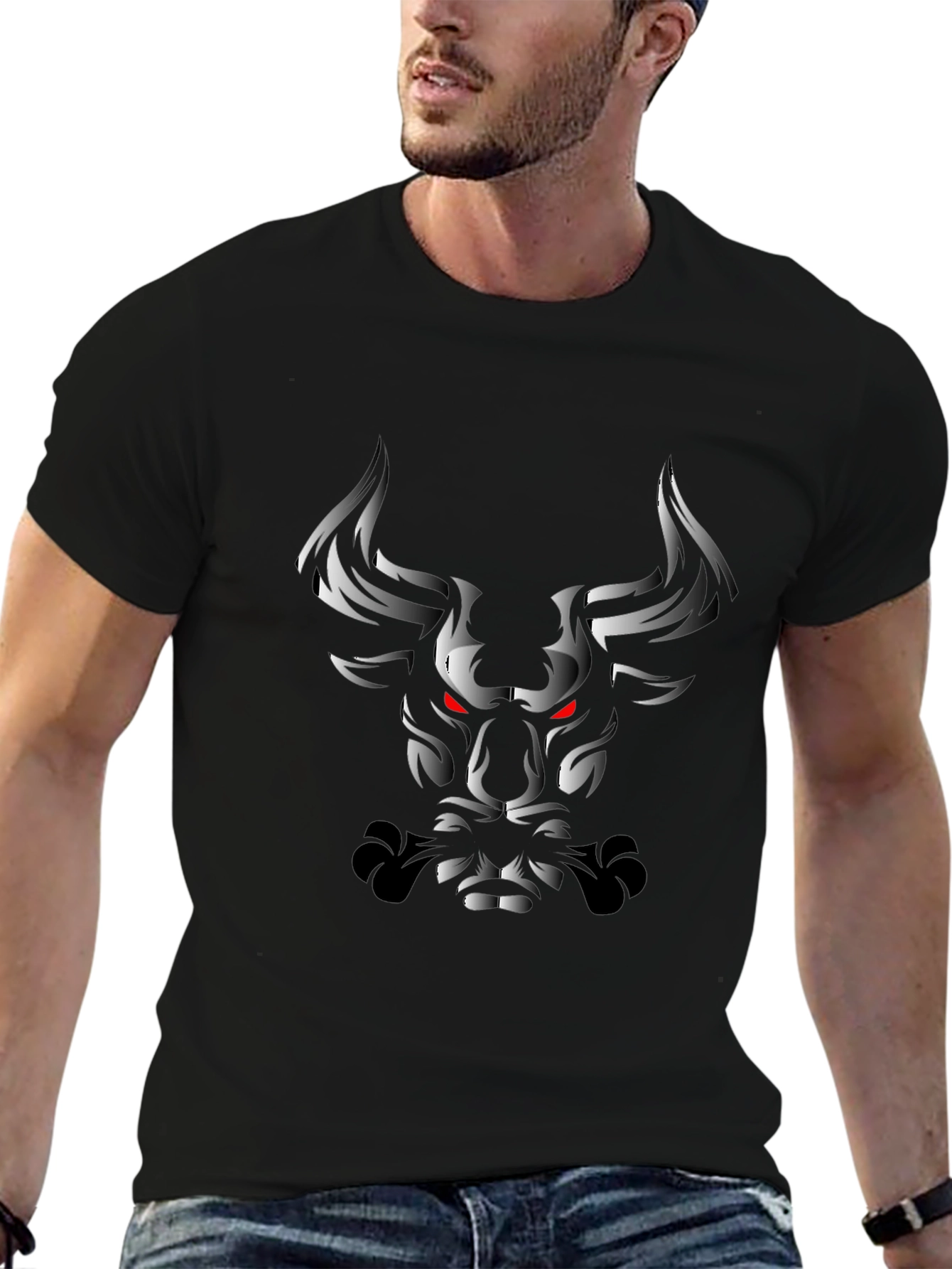 Black T-Shirt with Grayscale Bull Graphic