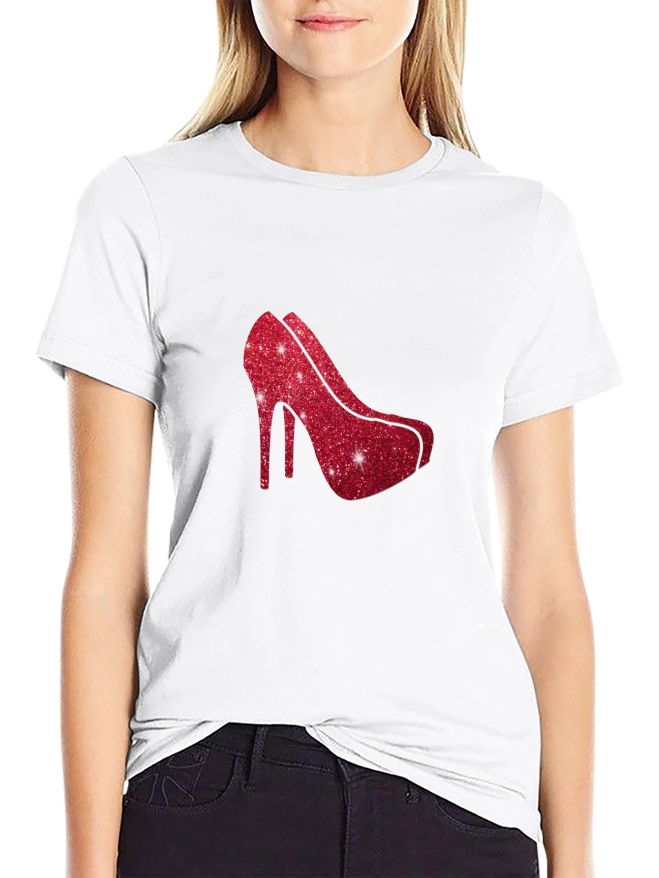 Red Glitter Heel Graphic Black Tee Shirt