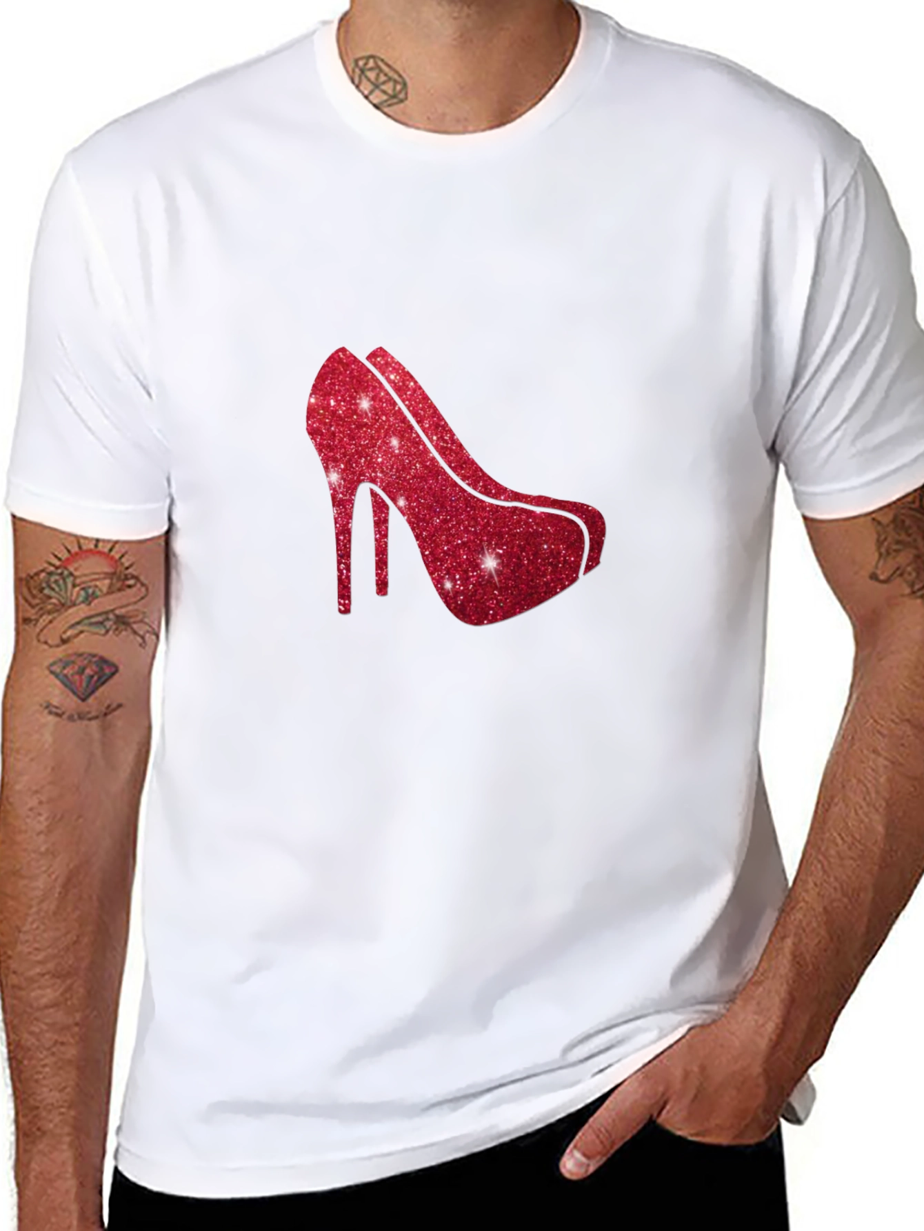 Red Glitter Heel Graphic Black Tee Shirt