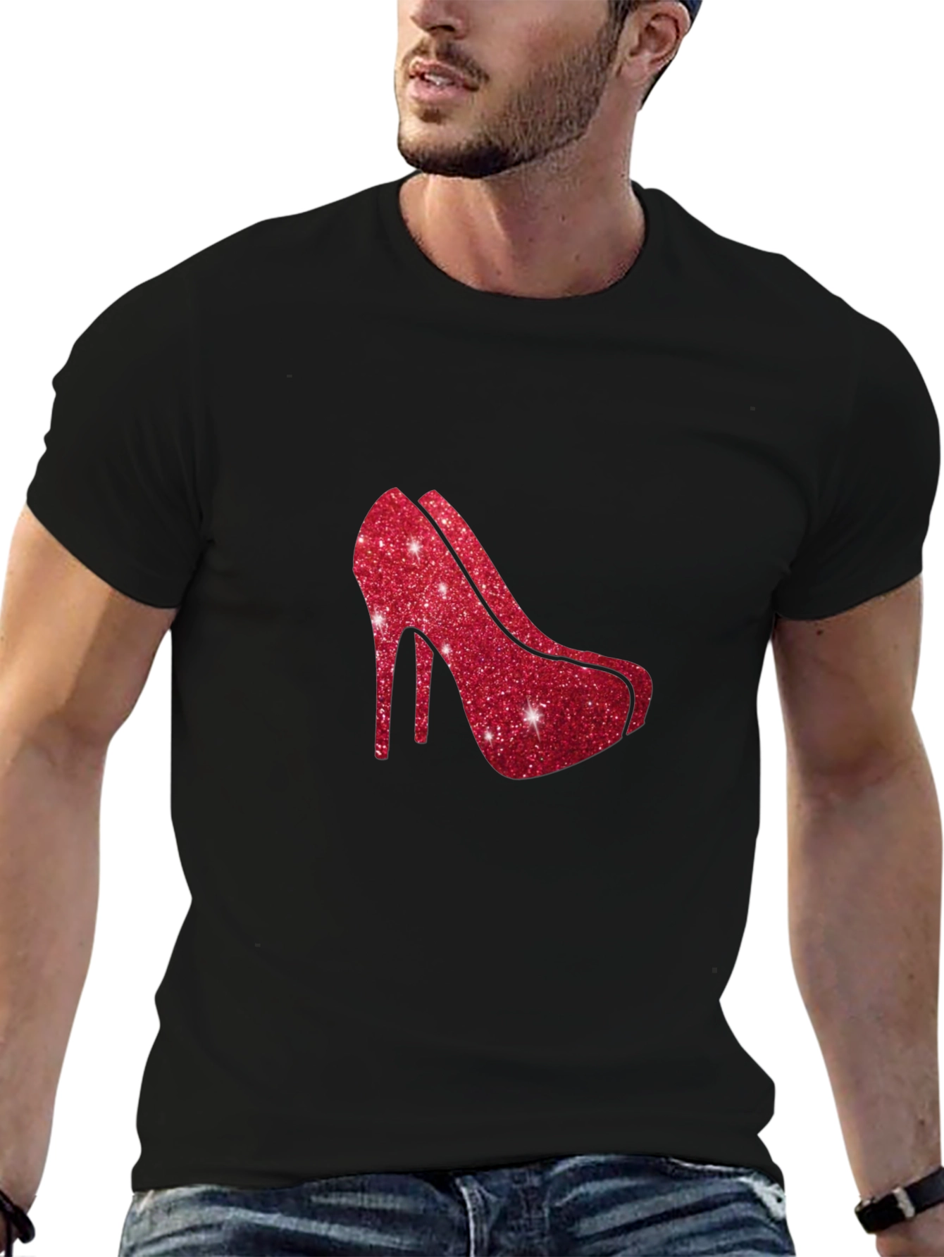 Red Glitter Heel Graphic Black Tee Shirt